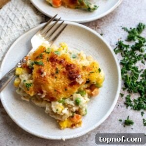 A slice of chicken cobbler on a plate.