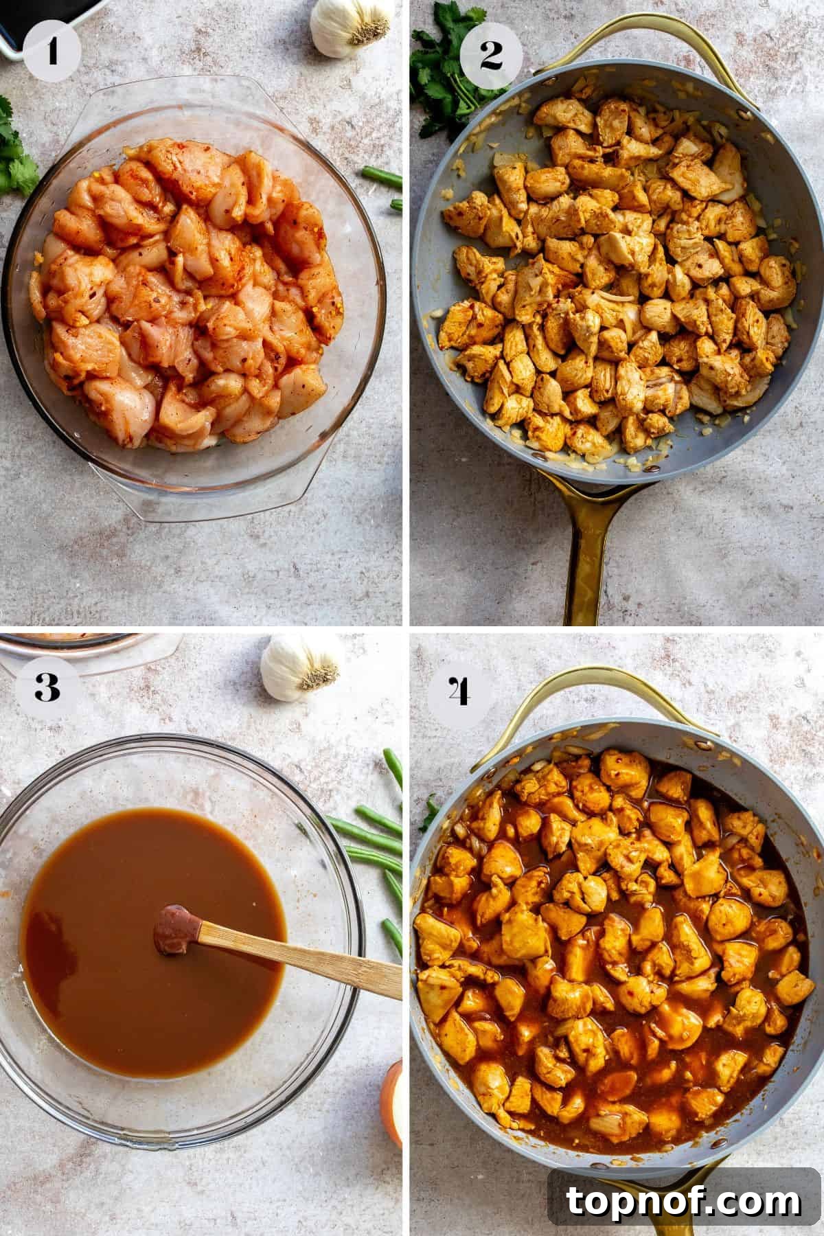 Golden Bourbon Honey Chicken 4 A glass bowl with raw seasoned chicken and a grey skillet showing chicken cooking, illustrating the recipe preparation process.