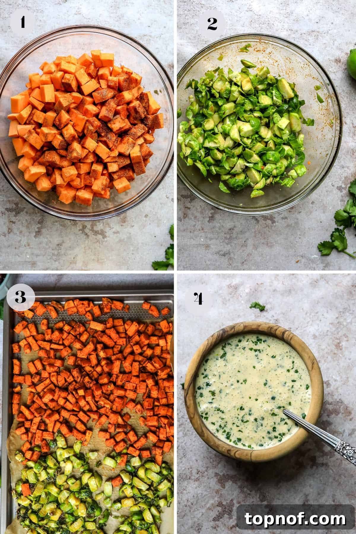 Wholesome Sweet Potato Bowls 4 Glass bowl with diced sweet potatoes and Brussels sprouts mixed with seasonings, ready for roasting to achieve crispy perfection.