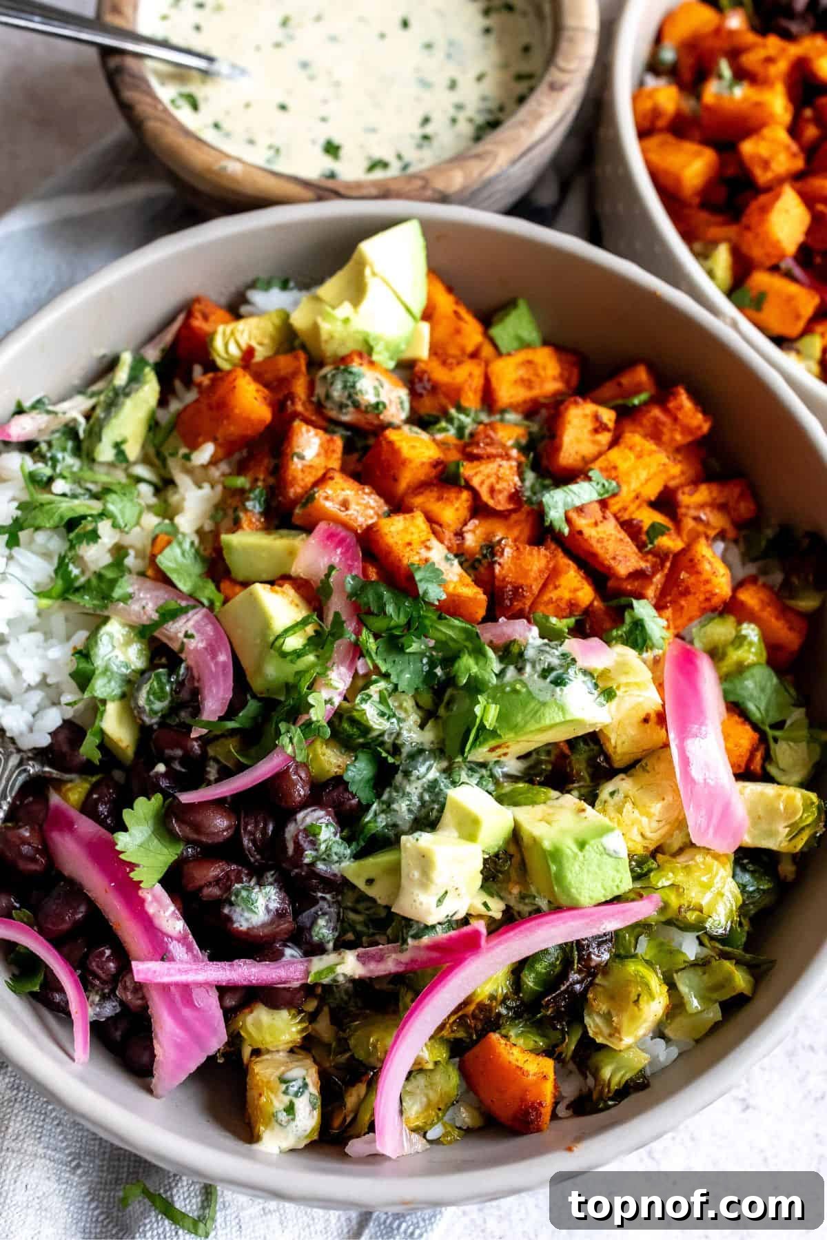 Wholesome Sweet Potato Bowls 5 Finished Sweet Potato Bowl with all toppings and dressing, beautifully presented and ready to be served.