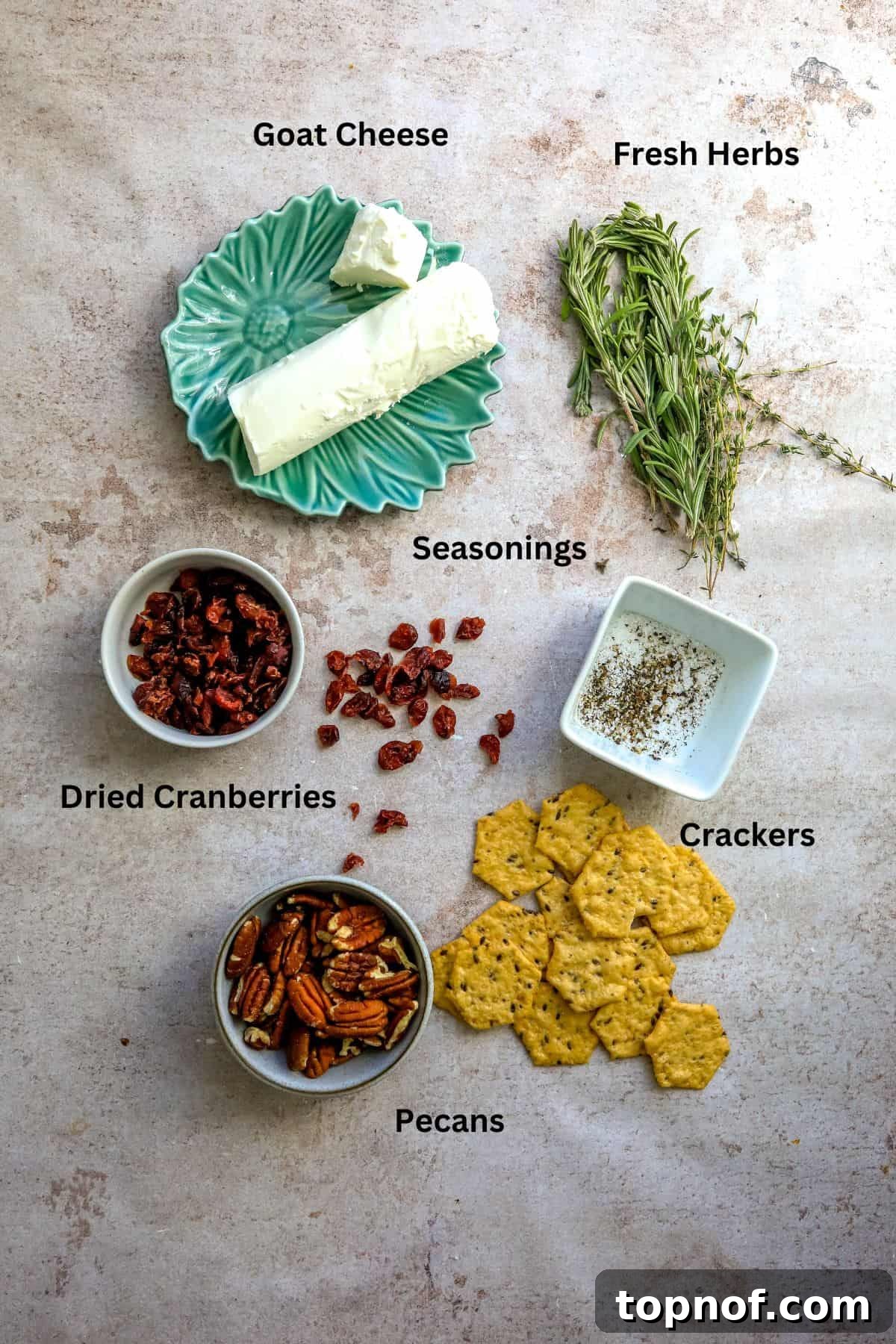 Ruby Red Cranberry Pecan Goat Cheese Ball 3 Overhead shot of fresh ingredients laid out on a kitchen counter, including goat cheese, pecans, cranberries, and herbs.