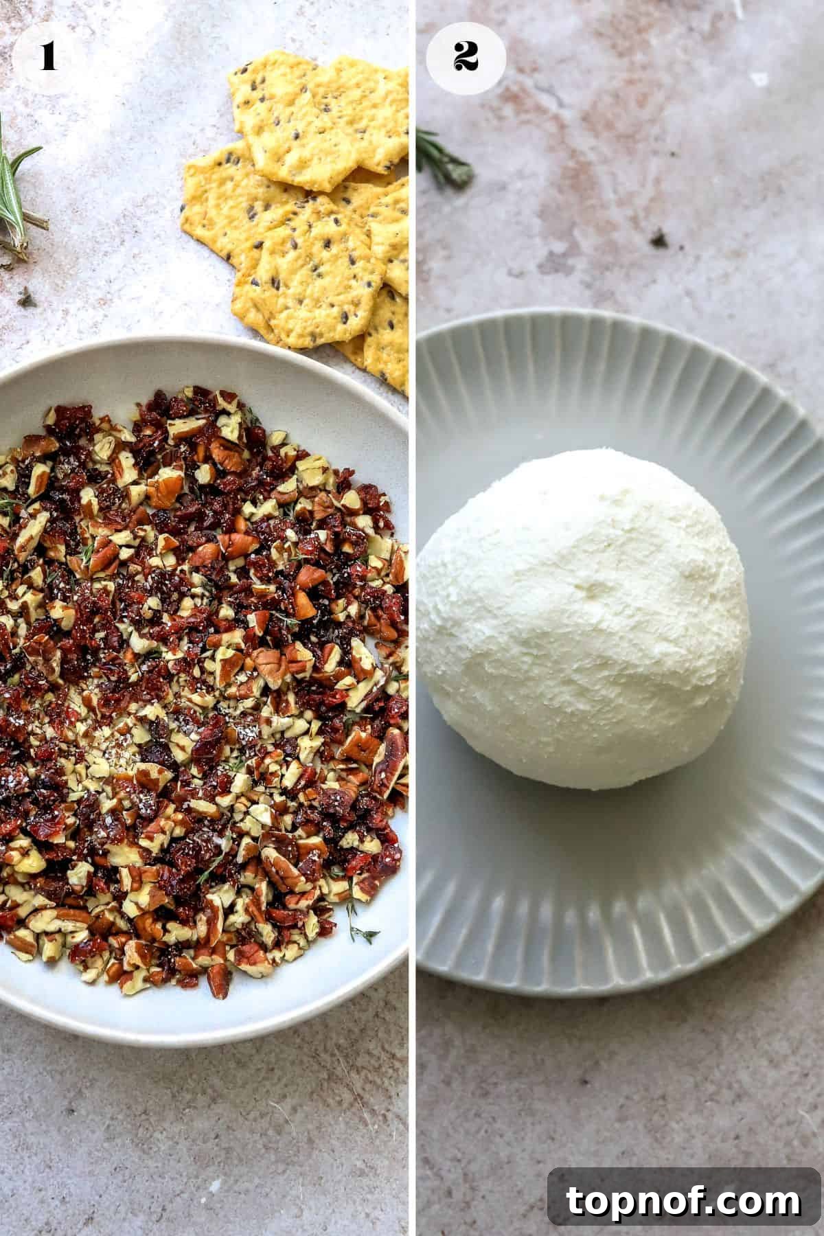 Ruby Red Cranberry Pecan Goat Cheese Ball 4 Plate with finely chopped pecans and dried cranberries alongside a large ball of softened goat cheese, ready for coating.