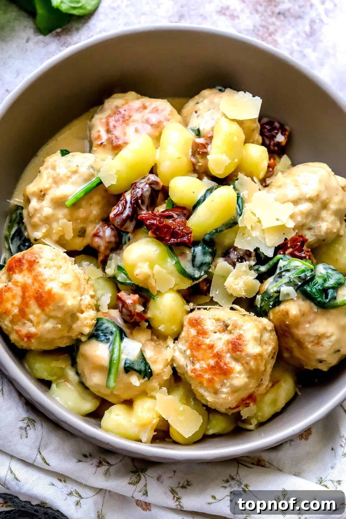 Creamy Slow Cooker Tuscan Chicken Meatball Gnocchi 2 A grey bowl filled with creamy Slow Cooker Tuscan Chicken Meatballs and Gnocchi, generously topped with grated Parmesan cheese, ready to be enjoyed as a comforting meal.