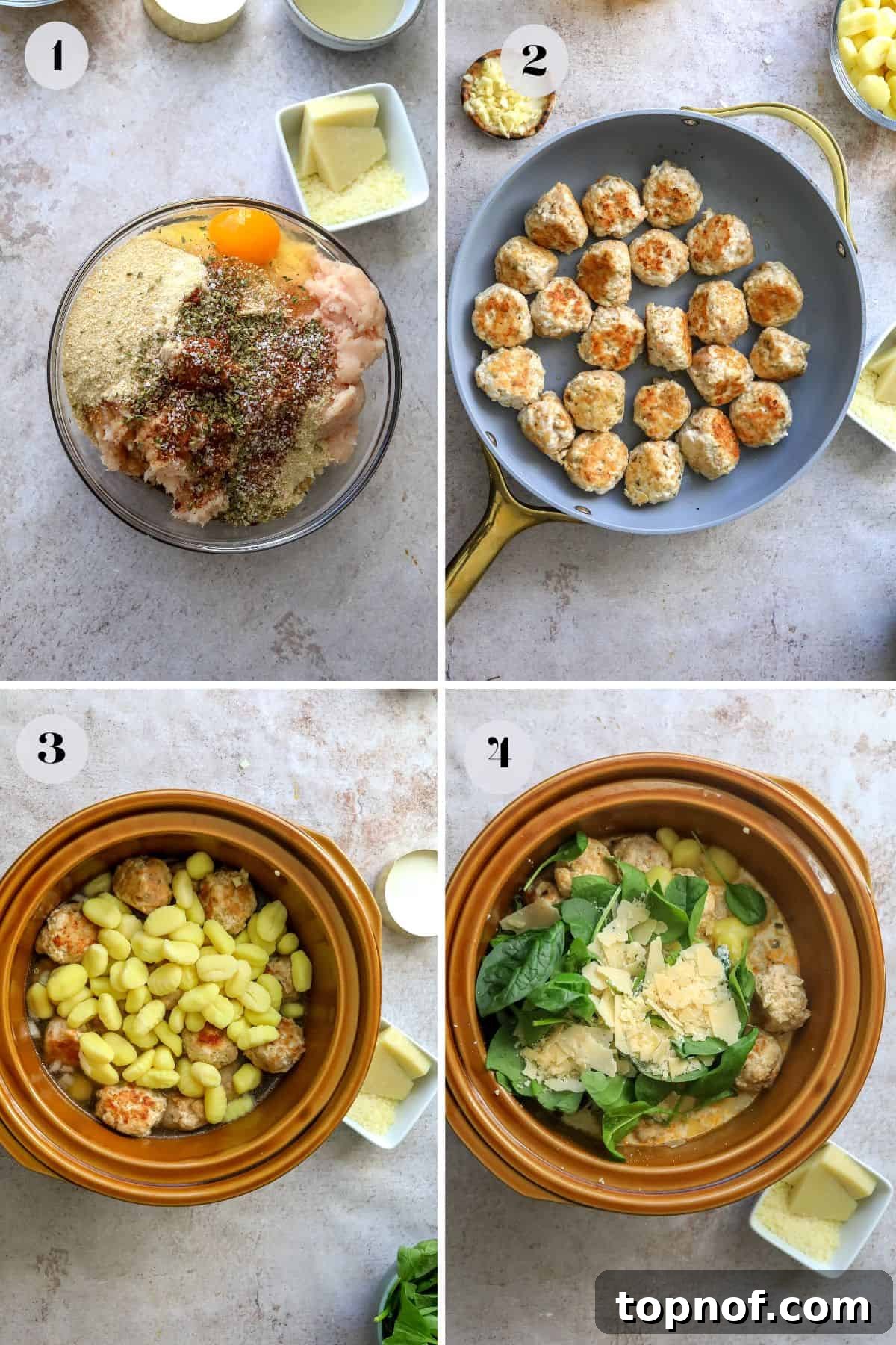 Creamy Slow Cooker Tuscan Chicken Meatball Gnocchi 4 Step-by-step images showcasing the preparation of Slow Cooker Tuscan Chicken Meatballs with Gnocchi, with ingredients mixing in a brown slow cooker.