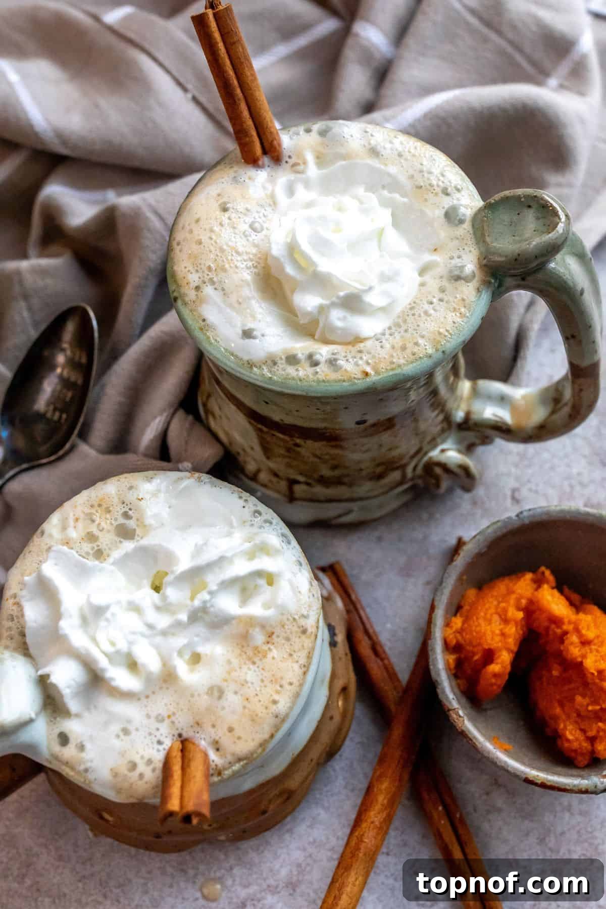 An overhead image of two cups of pumpkin chai latte garnished with cinnamon sticks.