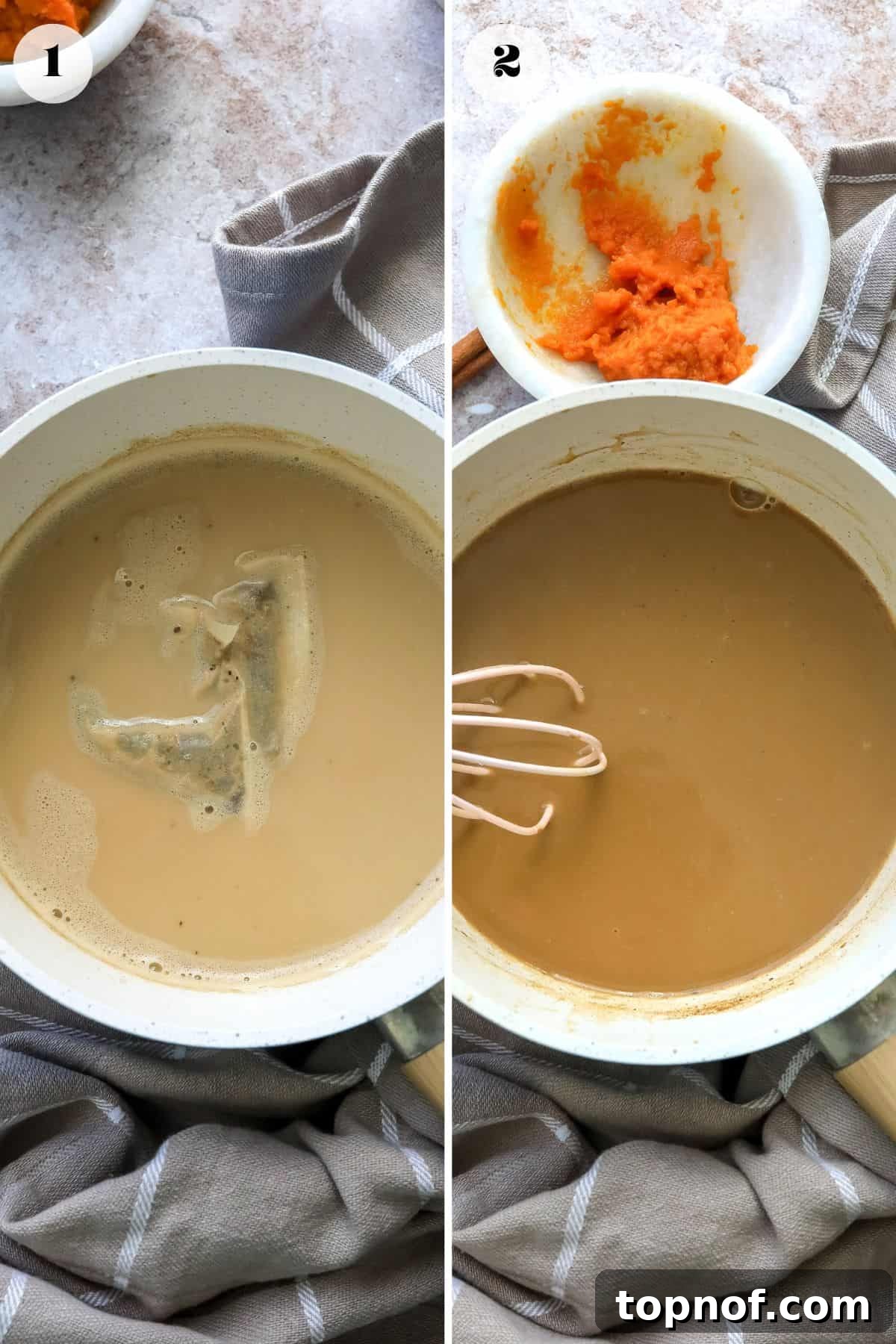 An overhead image of making pumpkin spiced chai latte.
