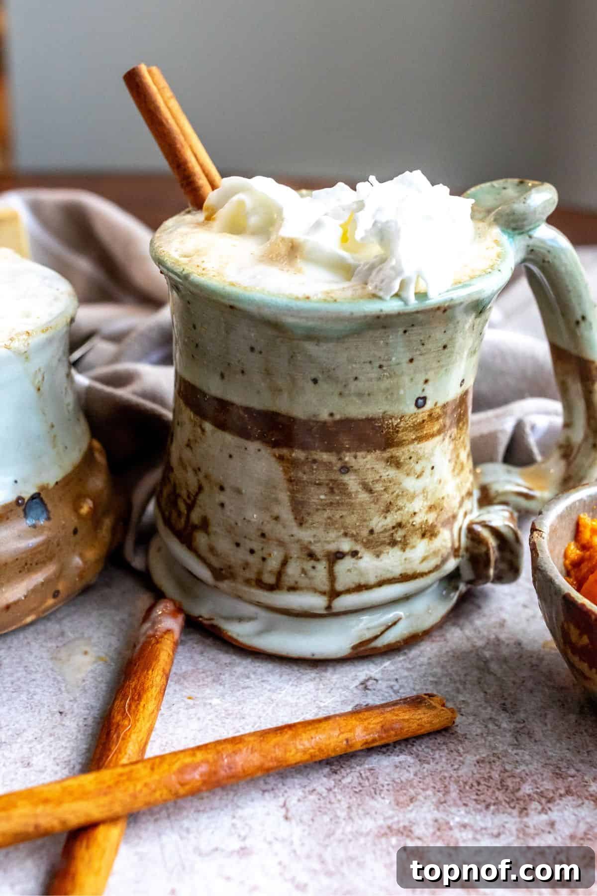 Pumpkin chai latte with whipped cream and a cinnamon stick garnish.