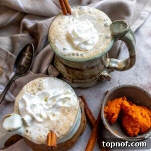 An overhead image of two cups of pumpkin chai latte garnished with cinnamon sticks.