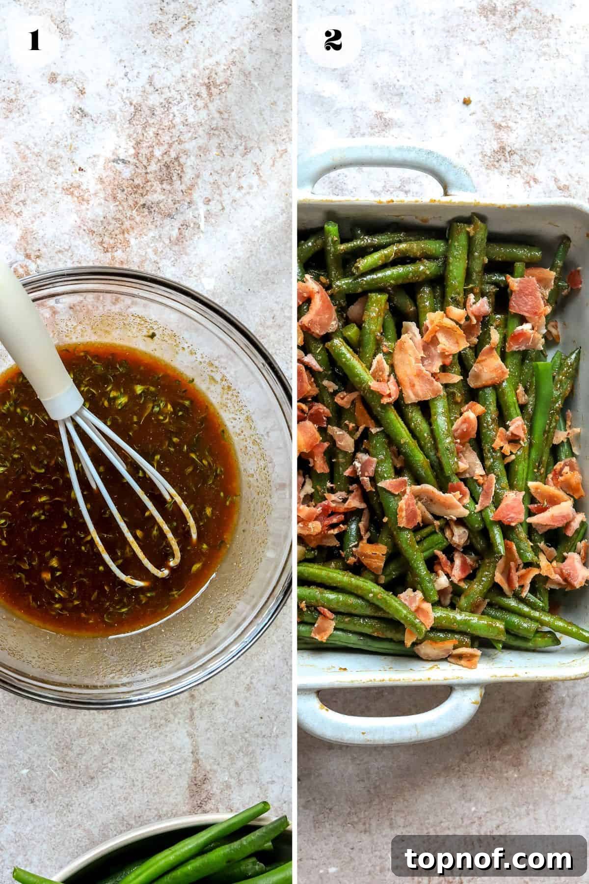 Snappy Green Beans 4 An overhead image illustrating the process of preparing crack green beans: first, combining the honey brown sugar sauce in a bowl, then pouring it over green beans in a baking dish, and finally, the dish baking in the oven.