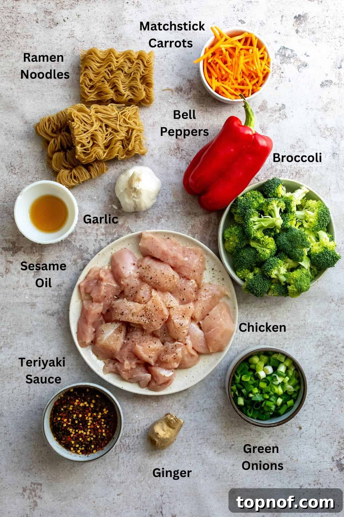 Savory Teriyaki Chicken Ramen Bowl 3 A selection of fresh ingredients laid out on a kitchen counter, including chicken breasts, fresh broccoli florets, sliced bell peppers, matchstick carrots, garlic, ginger, sesame oil, and a bottle of teriyaki sauce, ready for Teriyaki Chicken Ramen preparation.