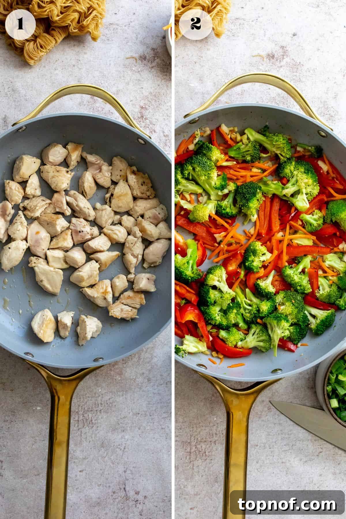 Savory Teriyaki Chicken Ramen Bowl 4 A grey skillet first showing browned cubed chicken pieces, and then in the next stage, the same skillet filled with colorful sautéed vegetables, including broccoli florets and sliced bell peppers.