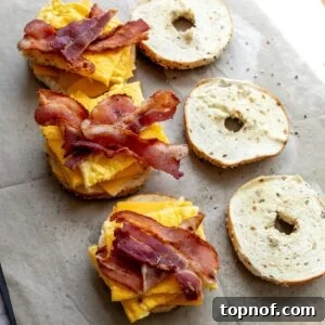 Freezer Breakfast Bagel Sandwiches on parchment paper, ready to be frozen or reheated.