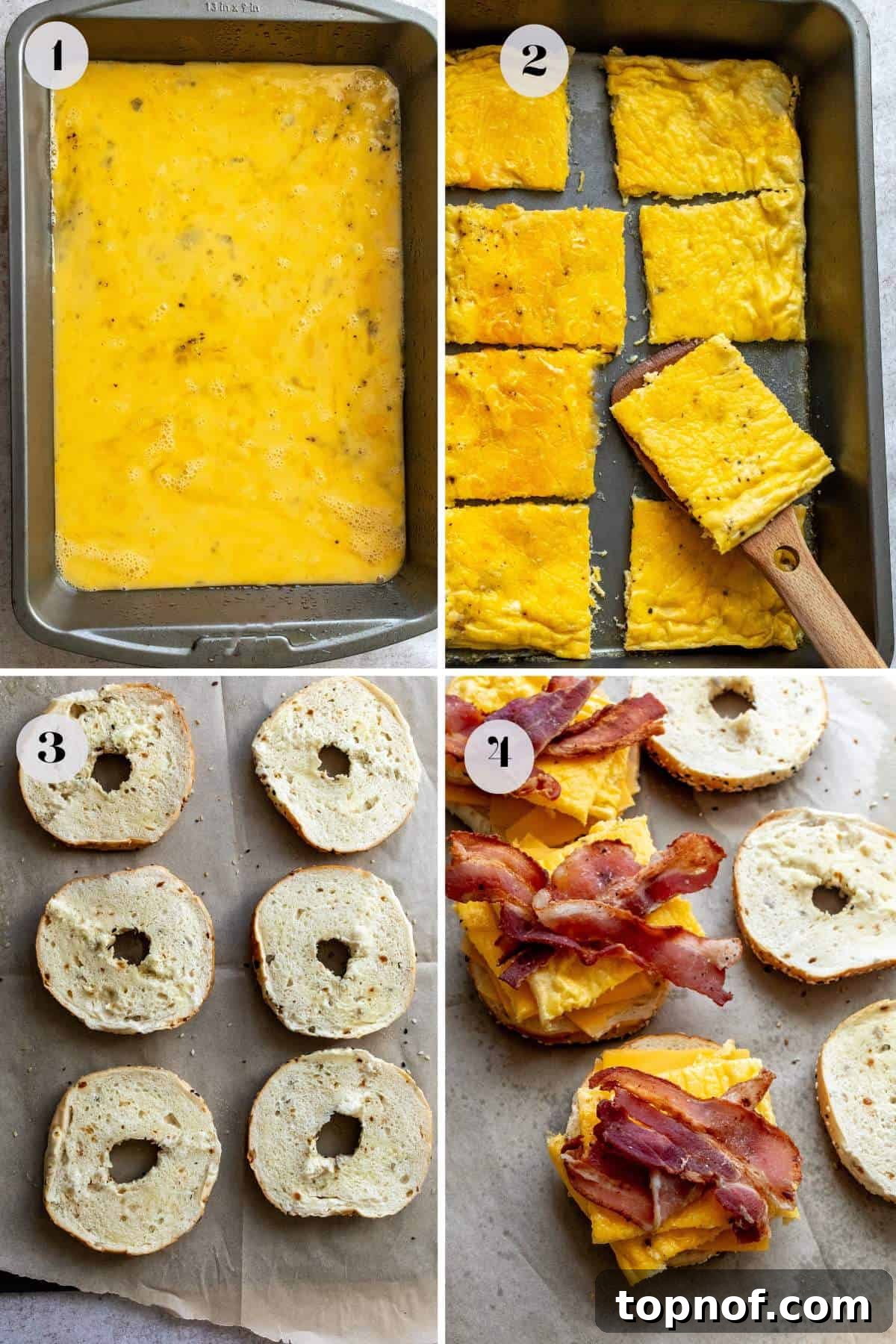 Morning Rush Breakfast Sandwiches 4 Step-by-step process of preparing eggs and bagels in a baking dish, illustrating the early stages of the recipe.