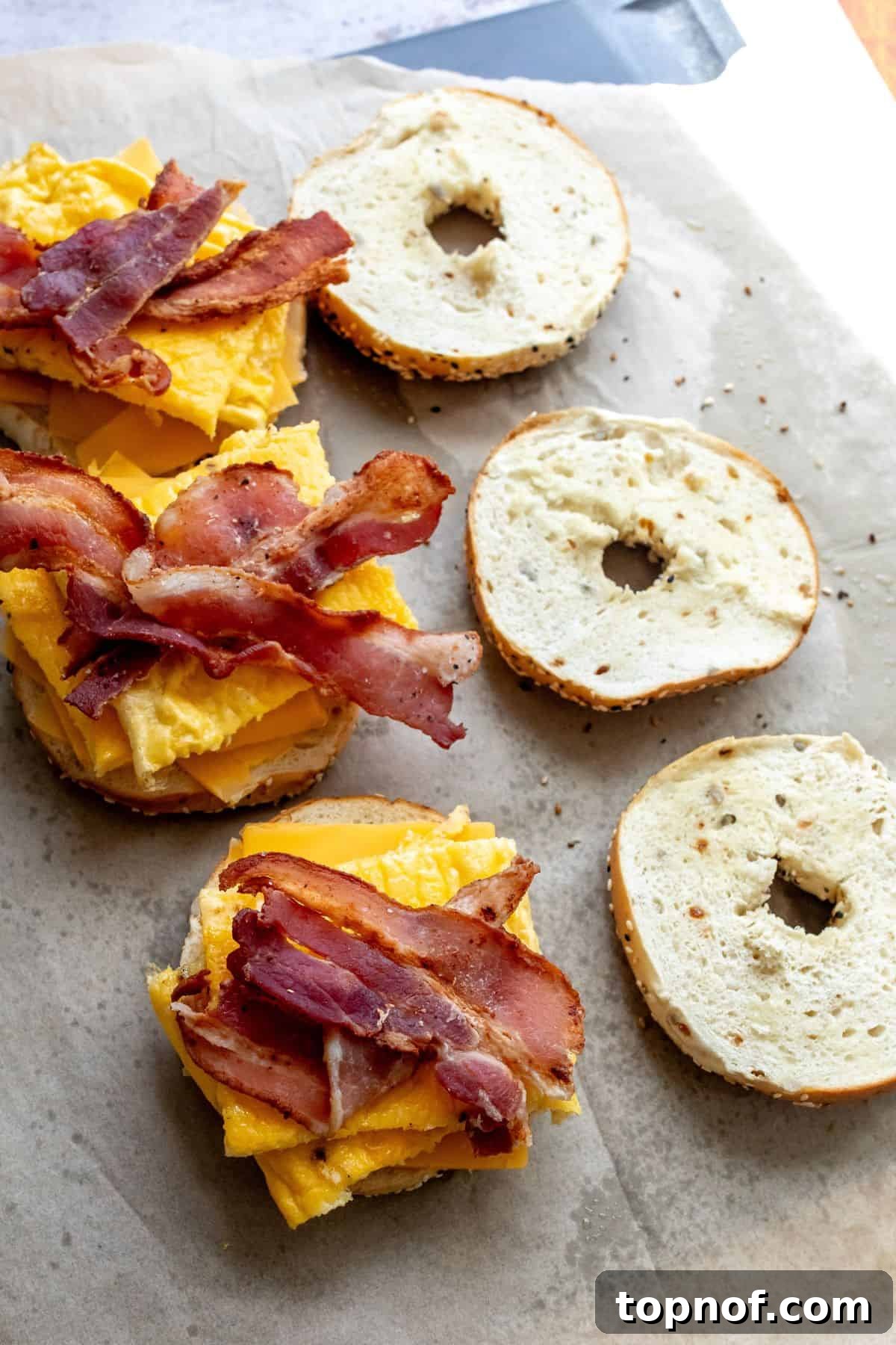 Morning Rush Breakfast Sandwiches 5 Neatly assembled freezer breakfast sandwiches wrapped in parchment paper on a baking sheet, ready for the freezer.