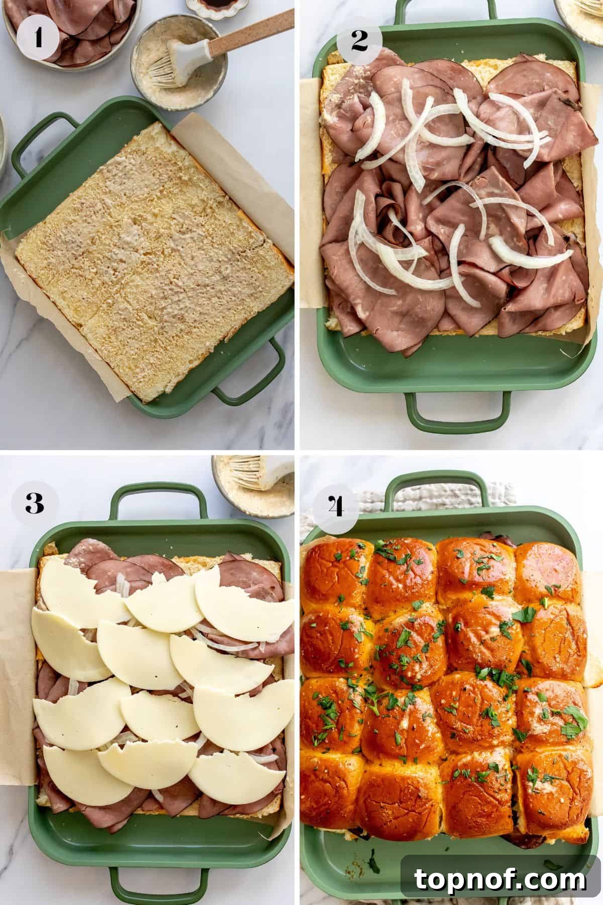 Premium Roast Beef Minis 4 Close-up view of roast beef and thinly sliced onions layered on slider rolls in a green baking pan, preparing for the oven.