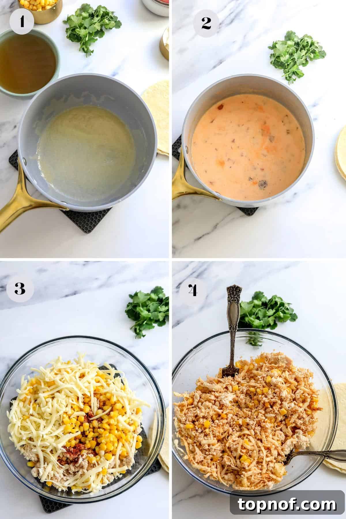Creamy White Chicken Enchiladas 4 Steps to make this recipe in a grey sauce pan. Shredded chicken in a glass bowl with a fork.