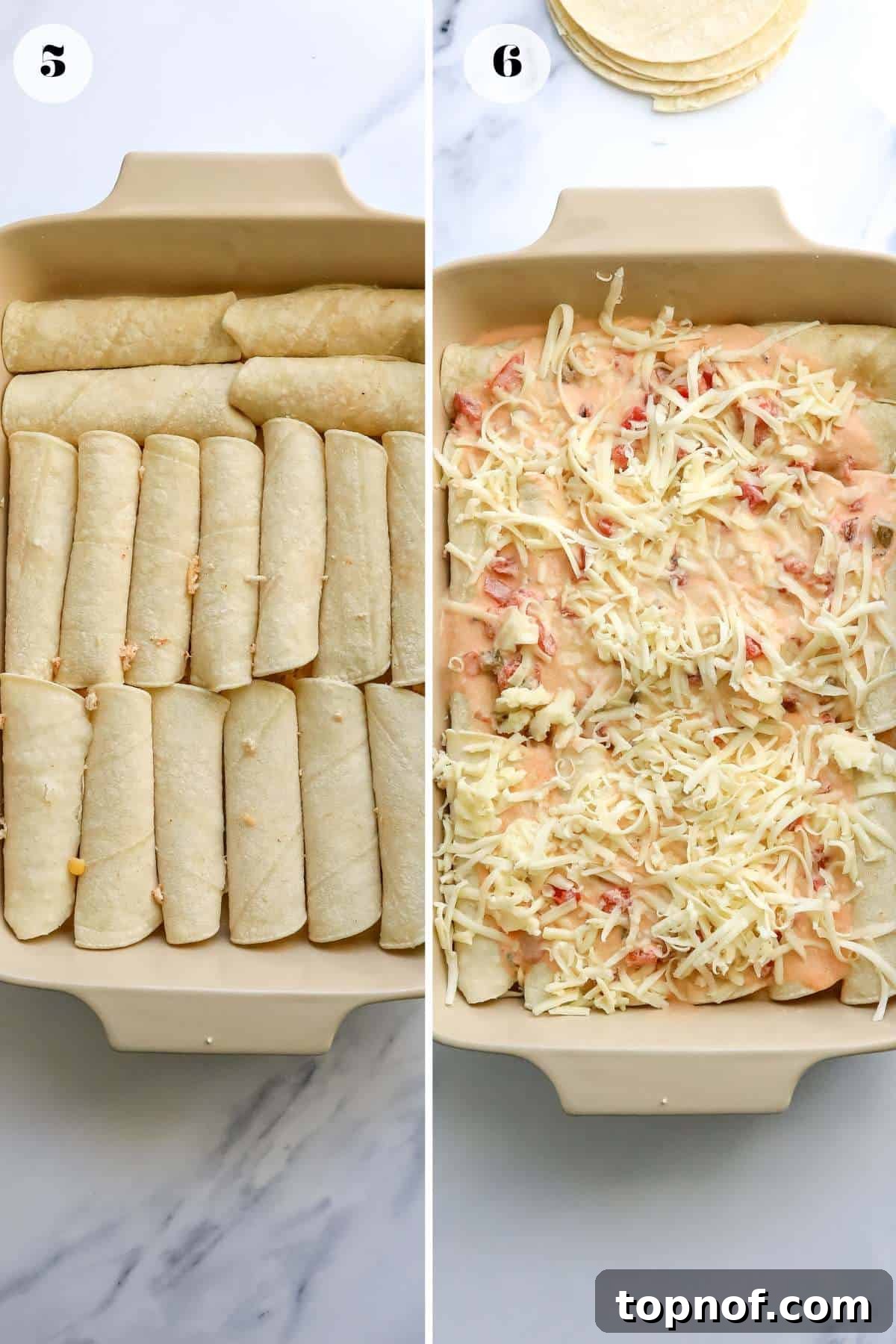 Creamy White Chicken Enchiladas 5 Baking dish with rolled enchiladas and cheese on them.