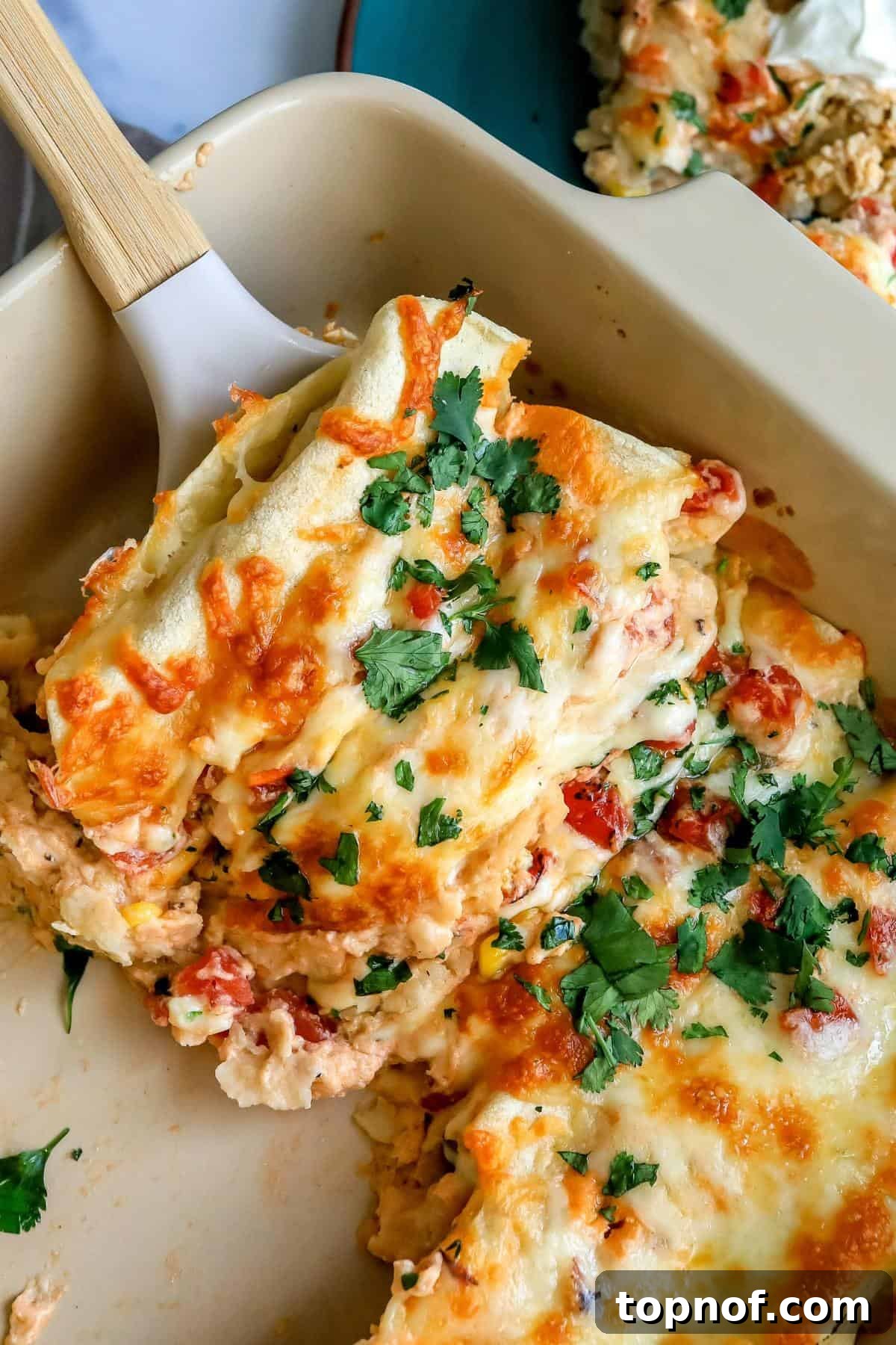 Creamy White Chicken Enchiladas 6 White Chicken Enchiladas up close in a baking dish with a spatula.