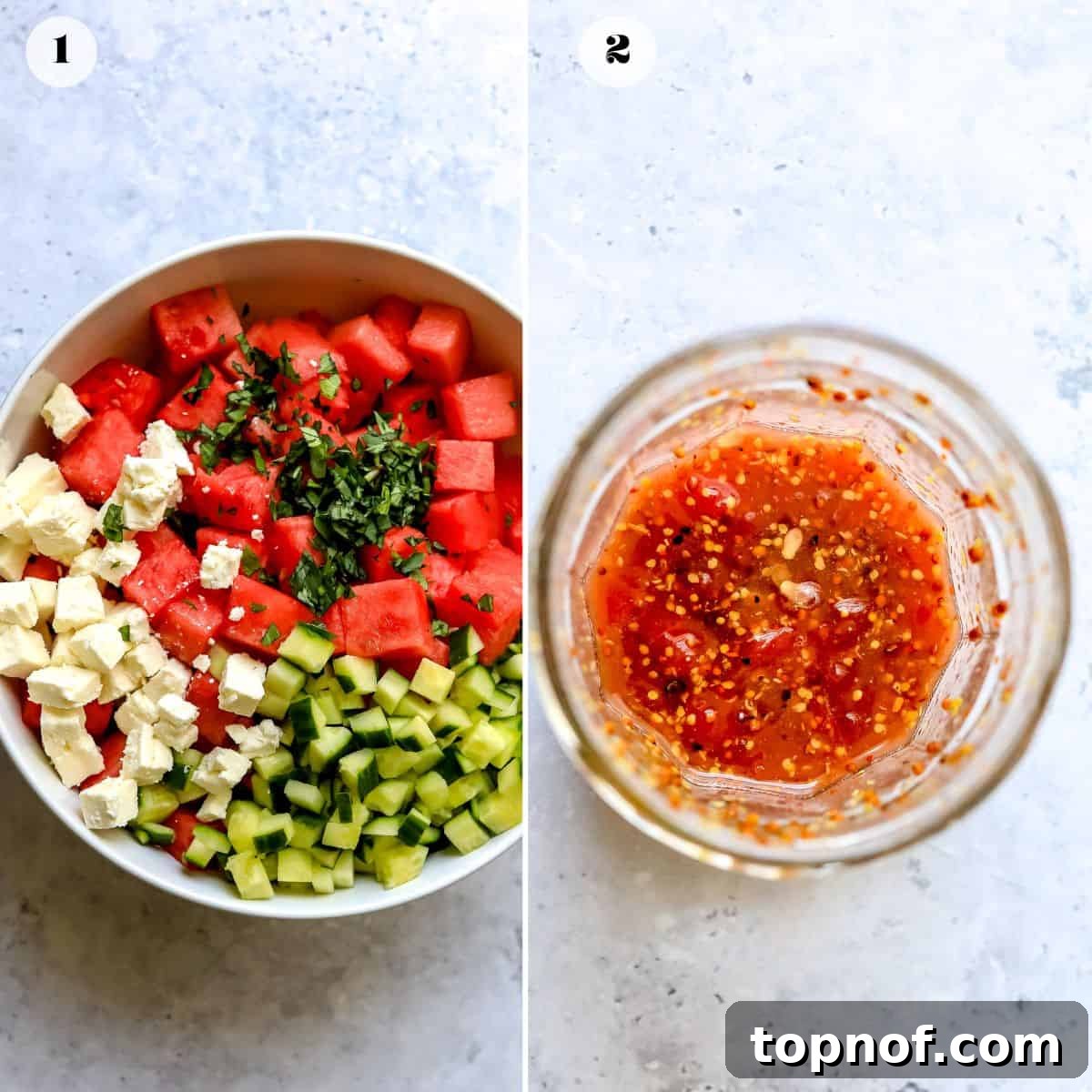 Watermelon Basil Bliss 4 A series of three photos showing the step-by-step process of making Watermelon Feta Salad, including chopping ingredients and mixing them in bowls.