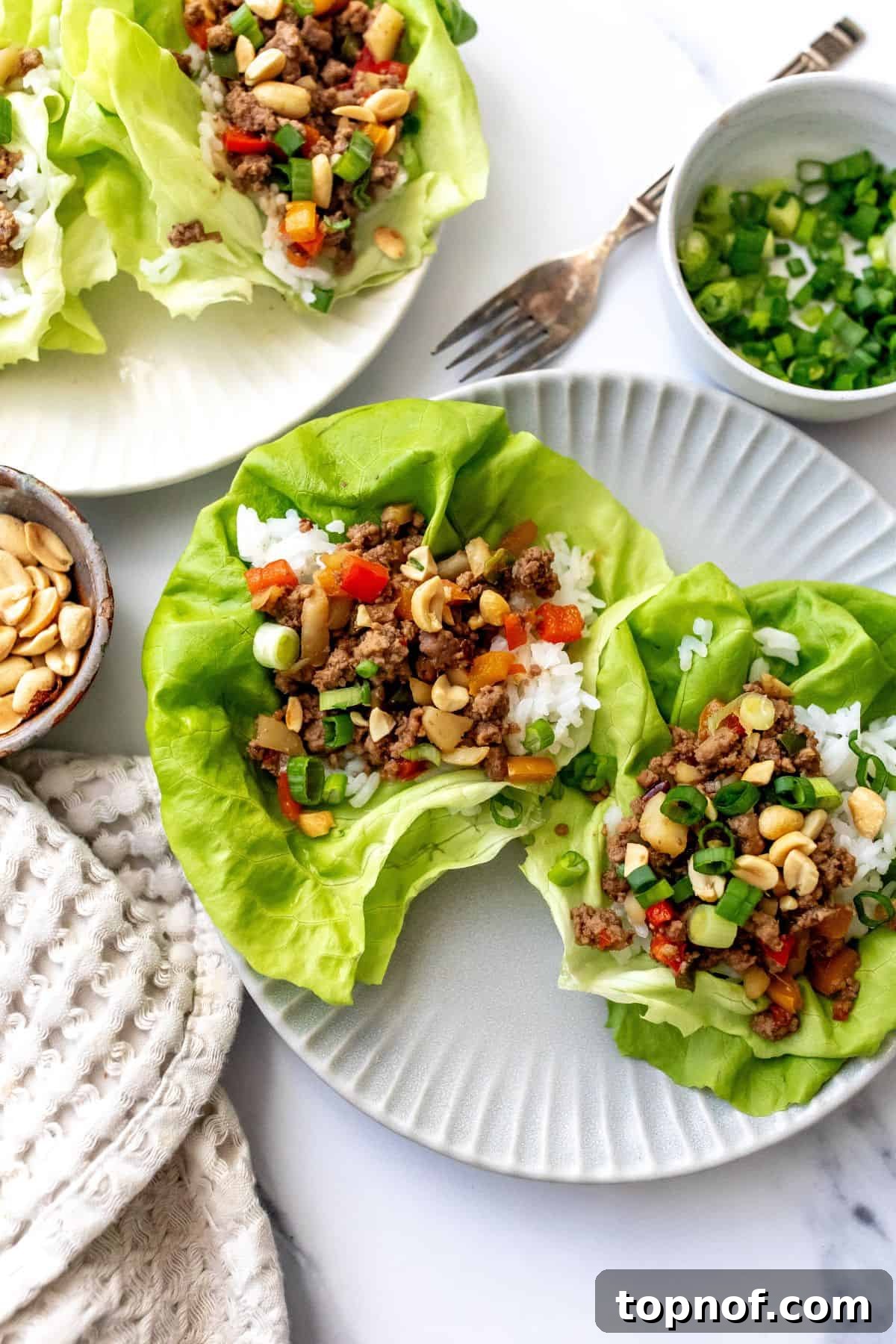 Savory Beef Lettuce Boats 2 Two plates of Ground Beef Lettuce Wraps garnished with green onions and peanuts, with a fork on the side.