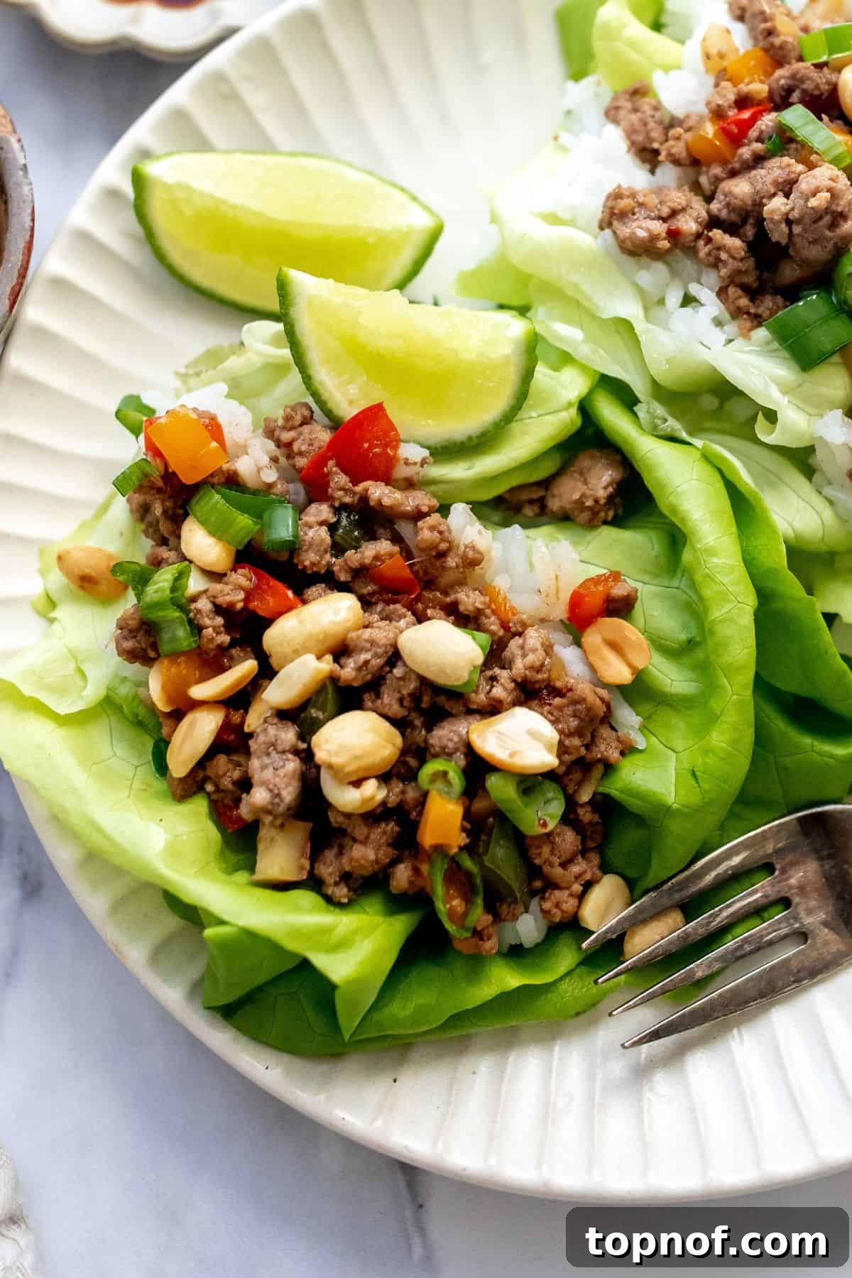 Savory Beef Lettuce Boats 6 Close-up of a ground beef lettuce wrap on a plate, topped with chopped peanuts and green onions.