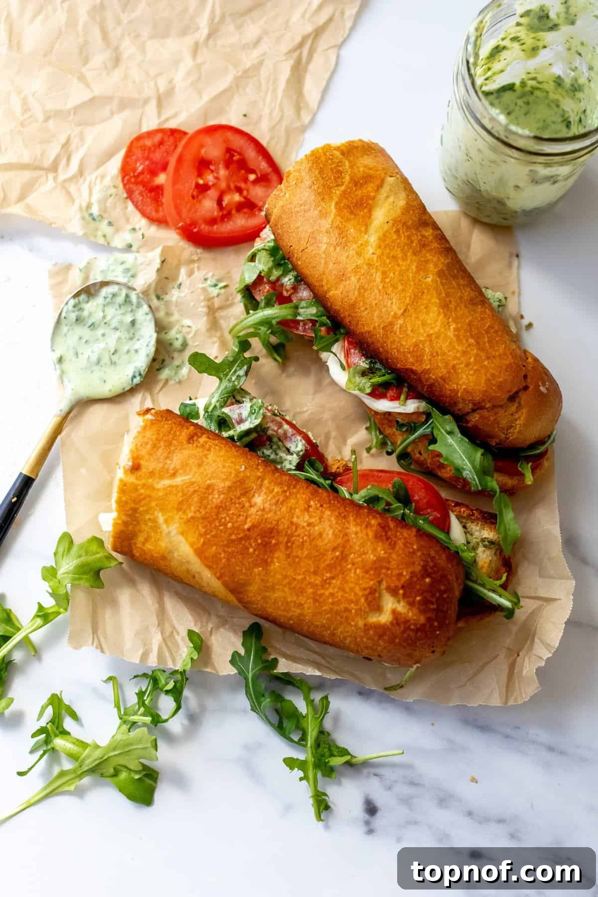 A perfectly toasted Green Goddess Caprese Melt, sliced in half, showcasing melted mozzarella, fresh tomatoes, and vibrant arugula peeking out, drizzled with dressing.