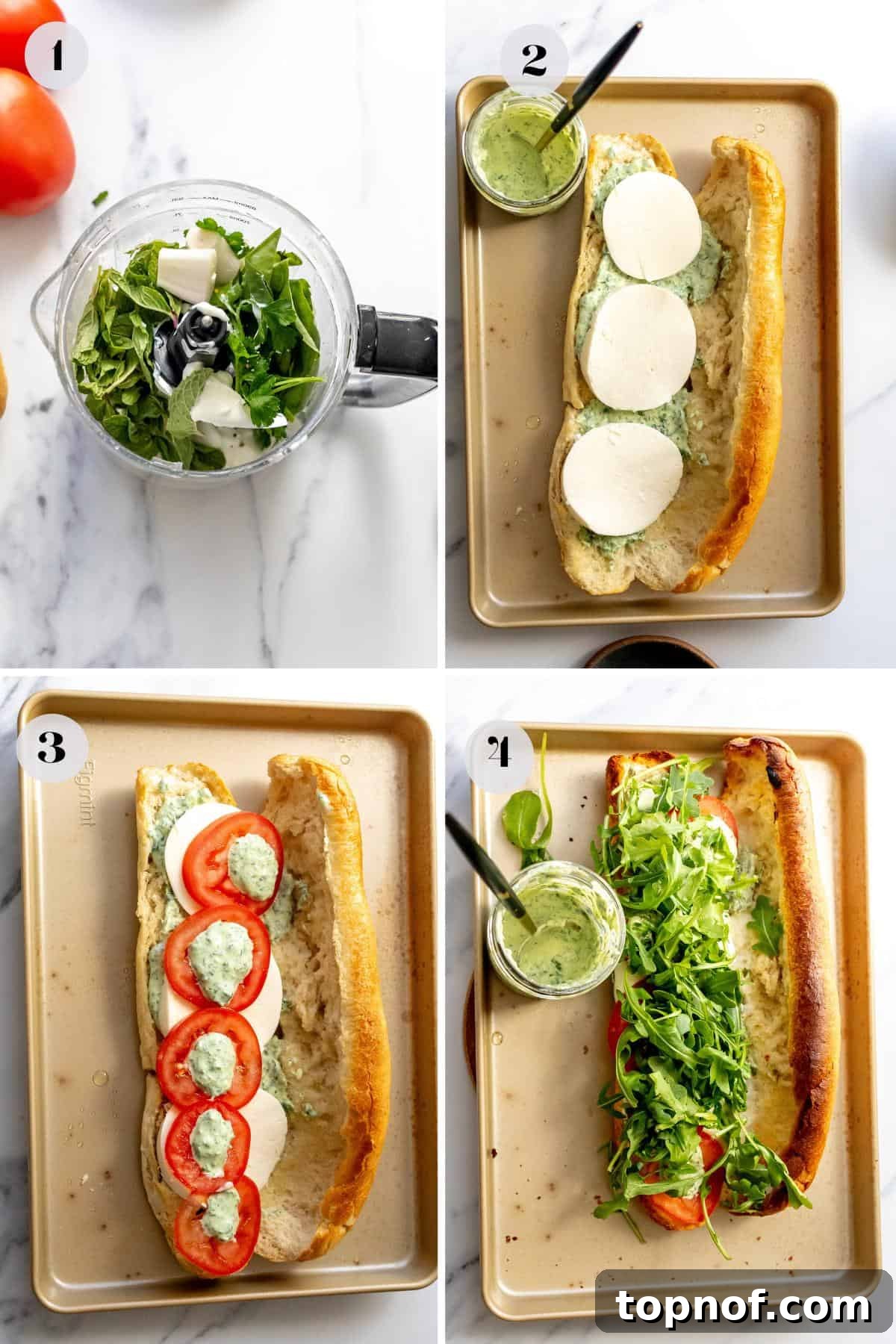 Step-by-step assembly of Green Goddess Caprese Melts, showing bread being toasted and ingredients layered.