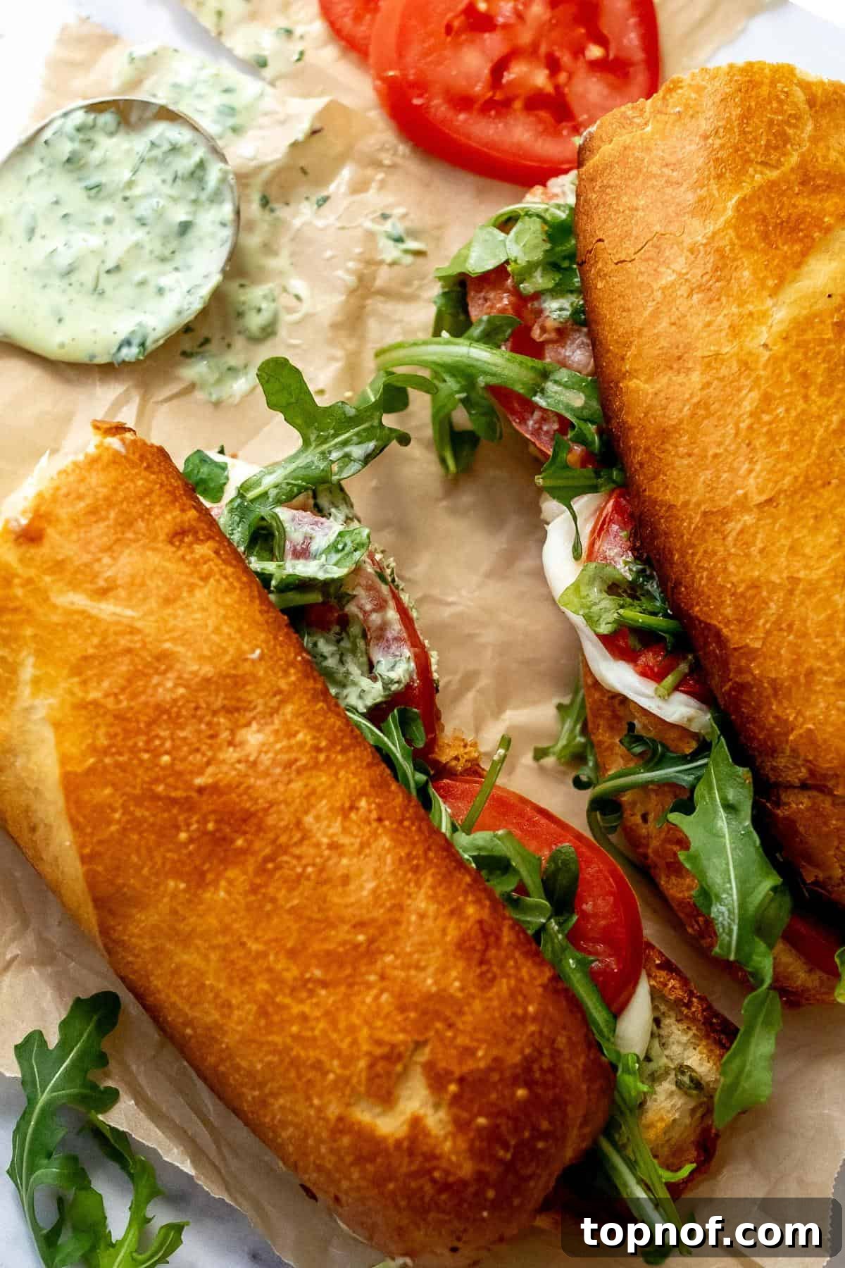 Close-up overhead shot of two Green Goddess Caprese Melts on parchment paper, perfectly toasted and ready to eat.