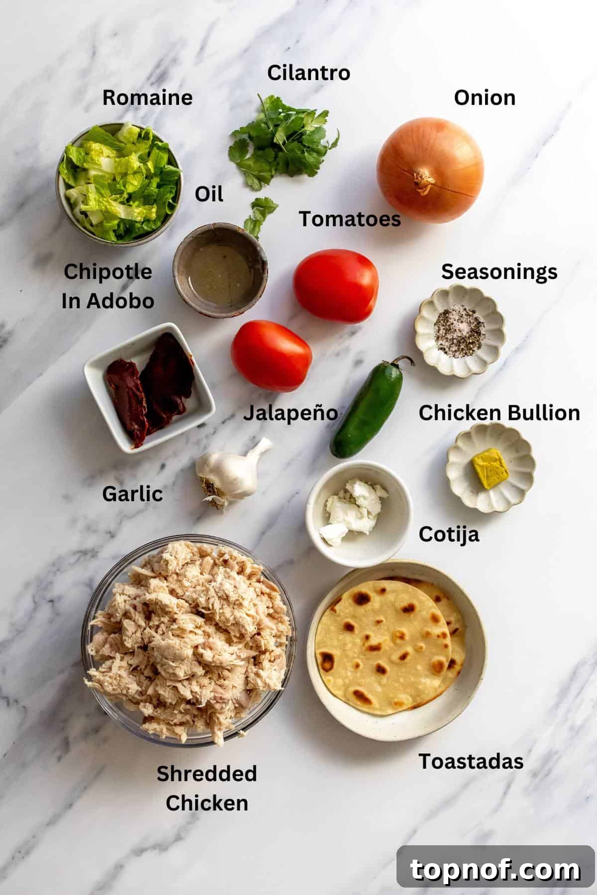 Smoky Chicken Tinga Tostadas 3 Fresh ingredients laid out on a white marble counter for making Chicken Tinga Tostadas, including tomatoes, onions, chipotles, and spices.
