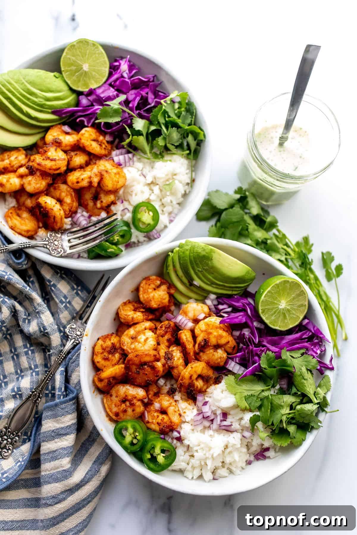Bold Blackened Shrimp Bowl 2 A beautifully arranged Blackened Shrimp Bowl with vibrant toppings.