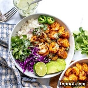 Bold Blackened Shrimp Bowl 7 White ceramic bowl with Blackened Shrimp and toppings.