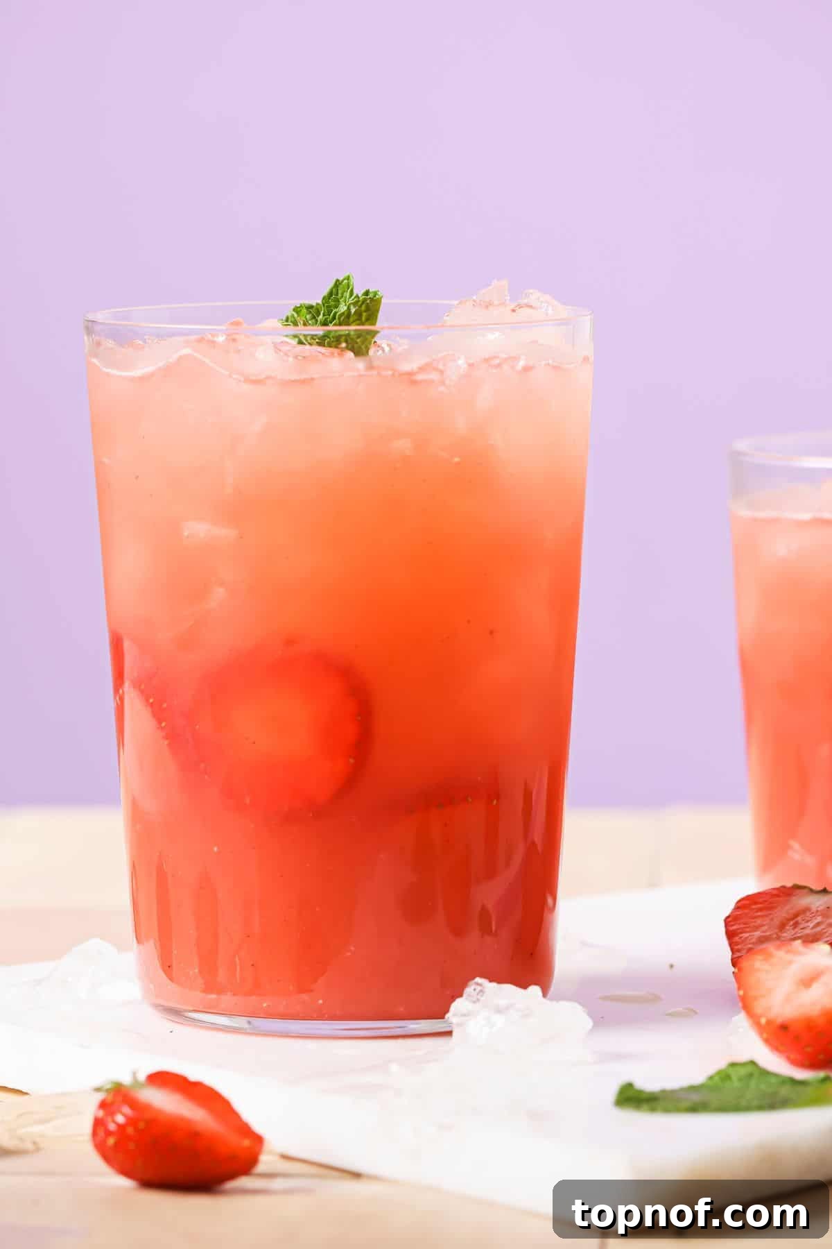 Homemade Strawberry Acai Burst 2 A glass of homemade strawberry acai refresher with ice and fresh strawberry slices, garnished with a mint sprig.