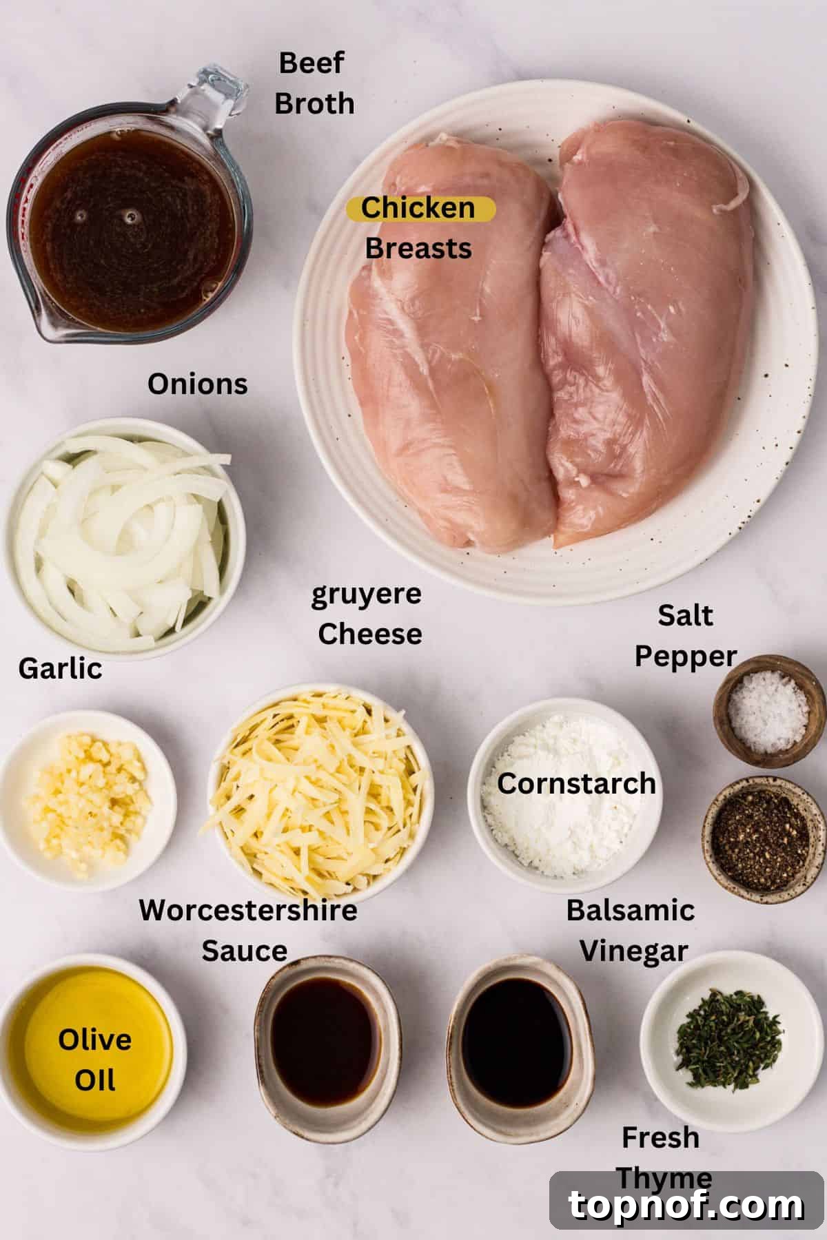 Caramelized Onion Chicken Au Gratin 3 Ingredients needed to make French Onion Soup Chicken, neatly arranged on a white counter with small plates and bowls, ready for preparation.