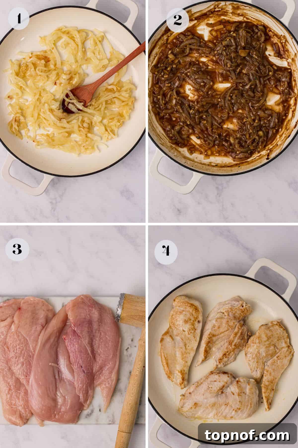 Caramelized Onion Chicken Au Gratin 4 Steps to make French Onion Soup Chicken, showing the chicken and onions being cooked in a white baking dish on a countertop.