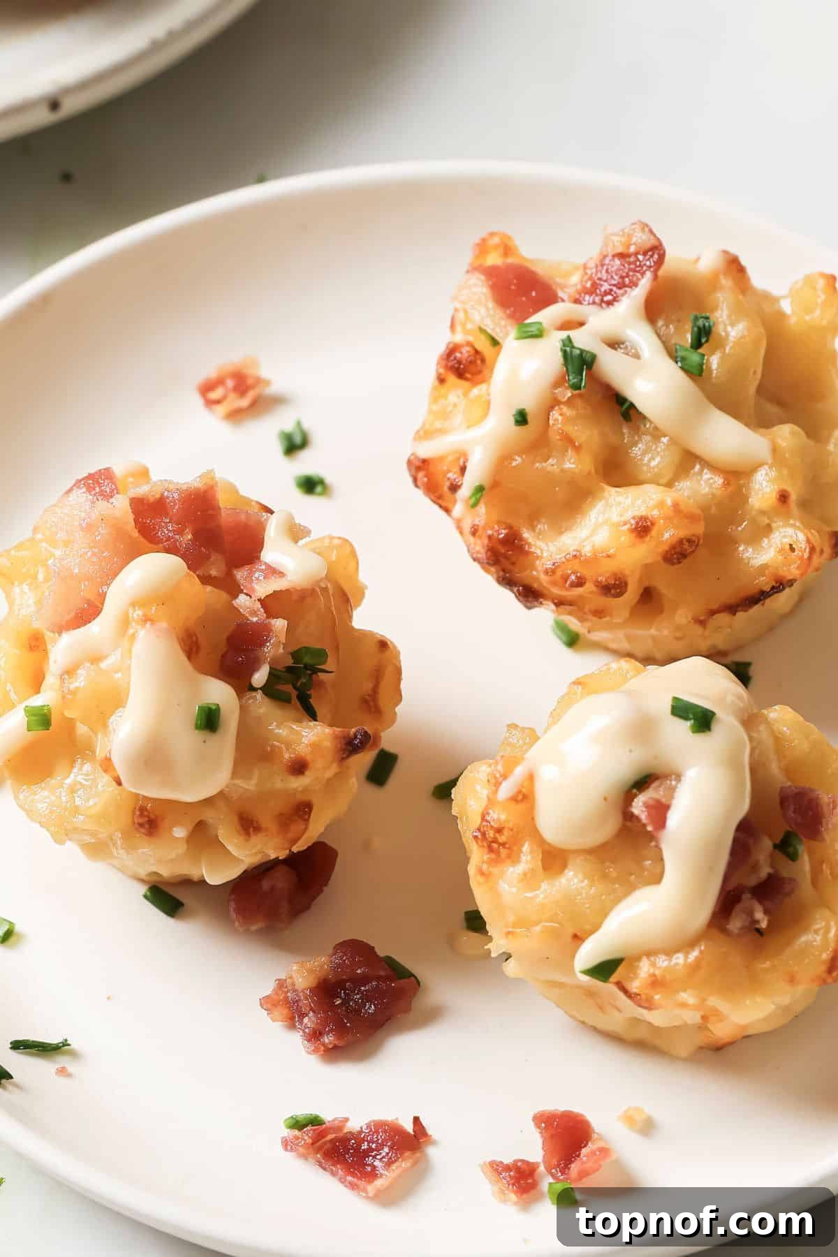 Mac N Cheese Minis 2 An image of mini macaroni cups drizzled with extra cheese sauce, bacon bits, and chives.