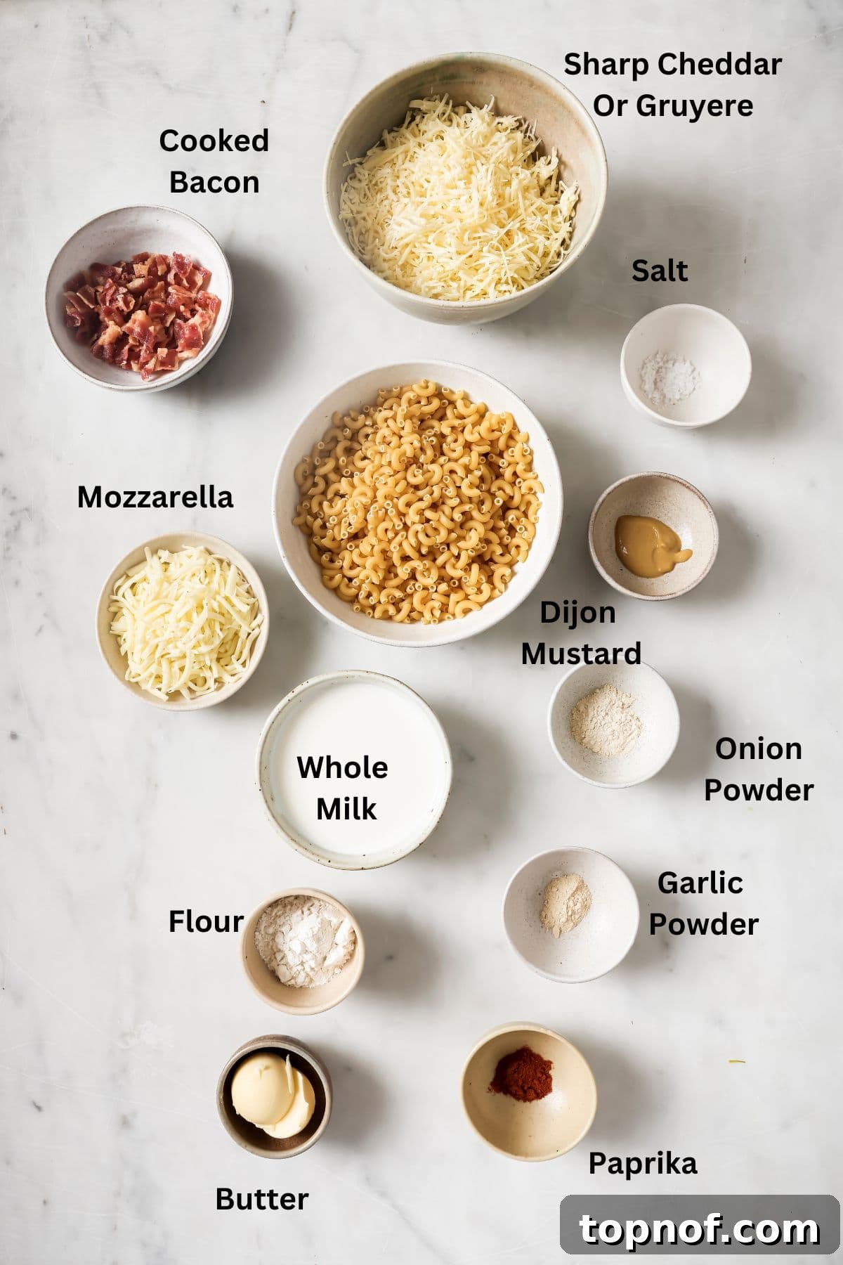 Mac N Cheese Minis 3 An overhead image of the ingredients of mini macaroni.
