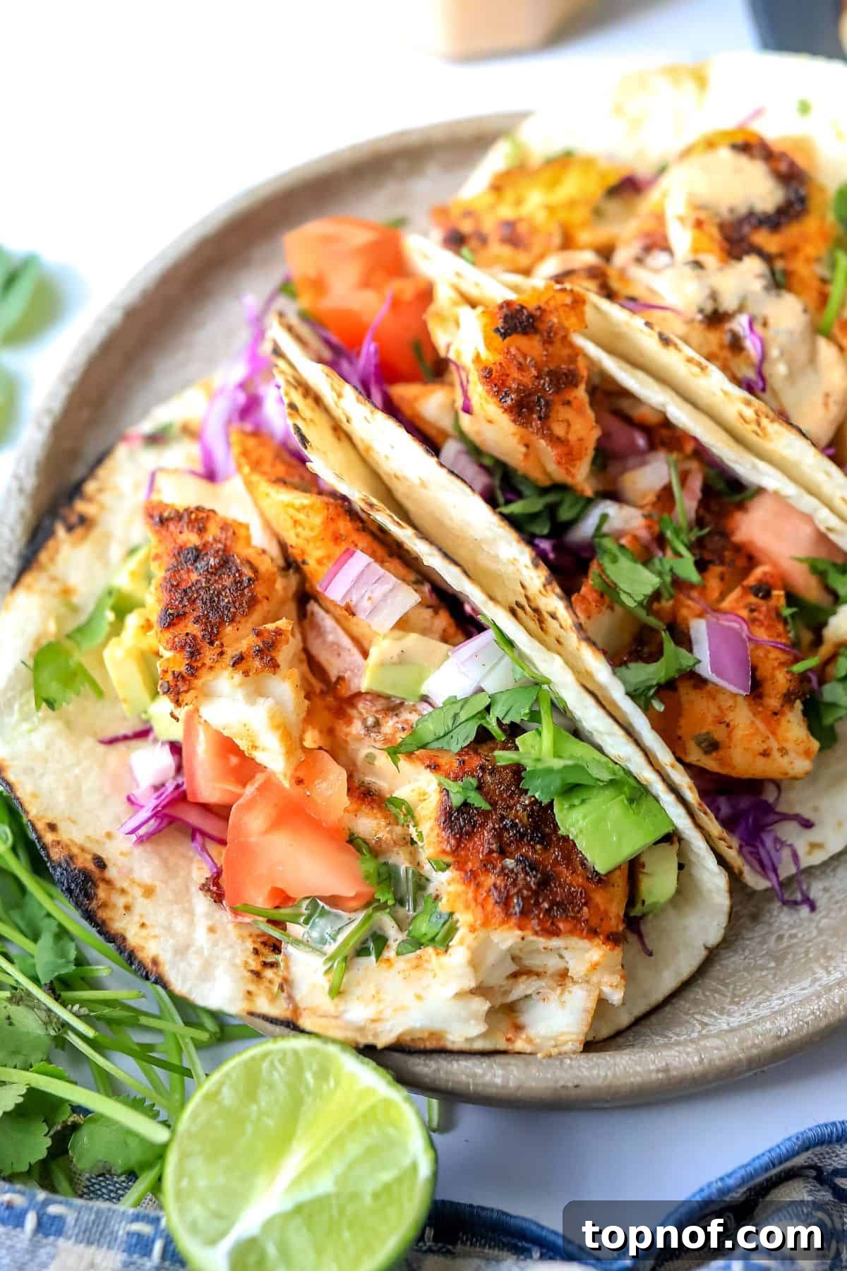 Cajun-Spiced Fish Tacos 6 Close-up shot of the Blackened Fish Tacos on a grey plate, with fresh cilantro sprinkled on top, showcasing the vibrant colors and textures.