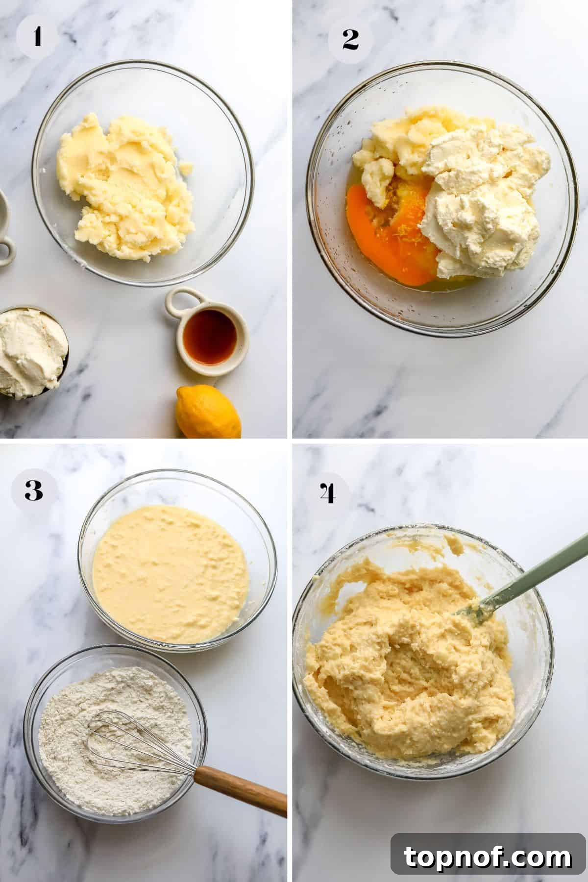 Zesty Ricotta Cloud Cookies 4 Bowls containing prepared ingredients for Lemon Ricotta Cookies, like flour mix and wet mixture, on a kitchen surface, demonstrating the preparation process.