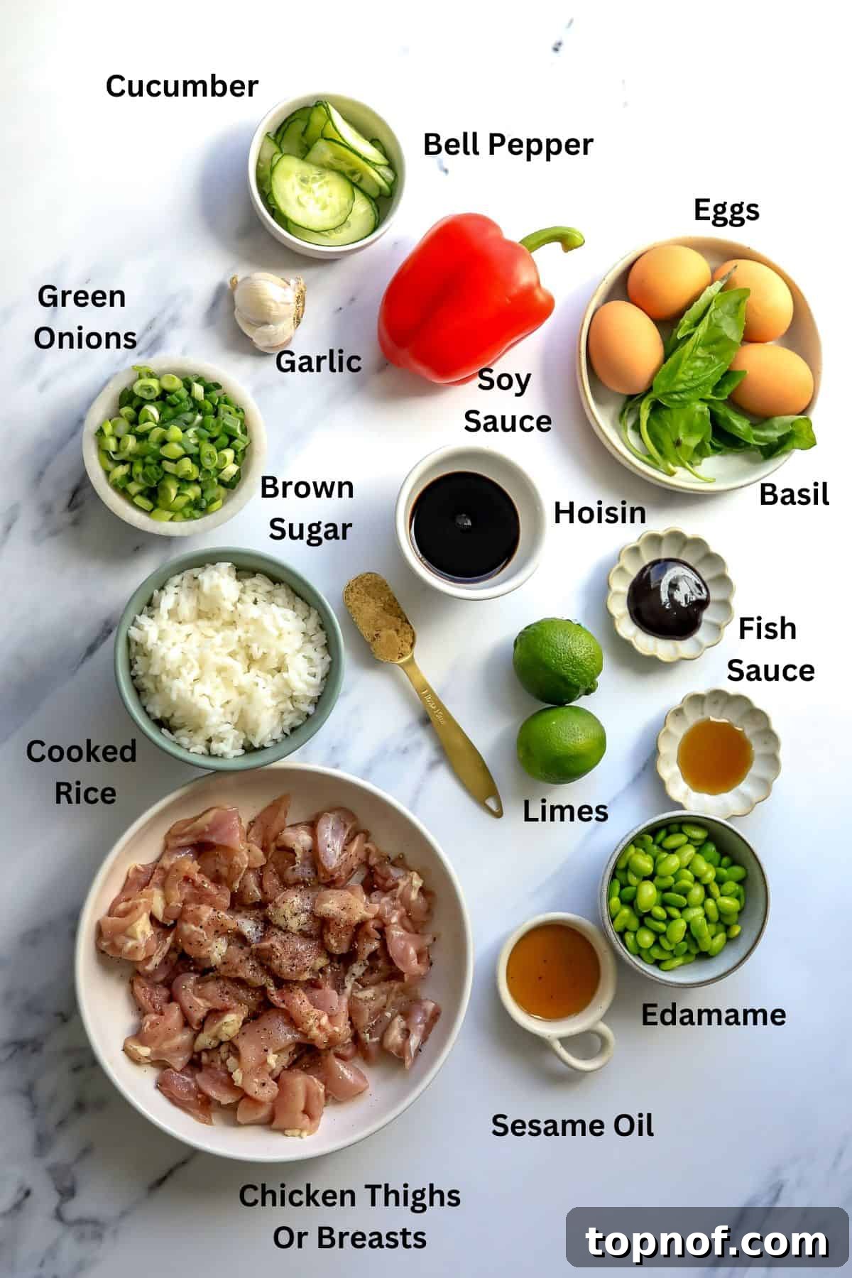 Ingredients needed to make this recipe on a counter in bowls and on plates. 
