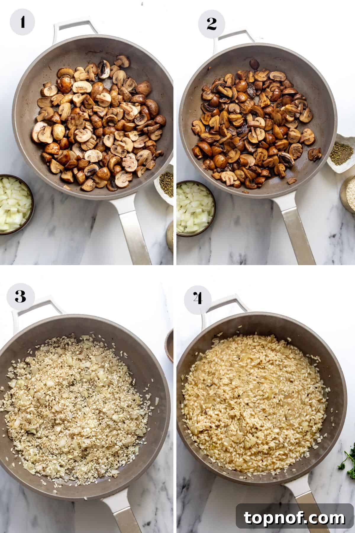 Creamy Mushroom and Pea Risotto 4 A visual progression of making creamy risotto, showing rice absorbing broth in a skillet.