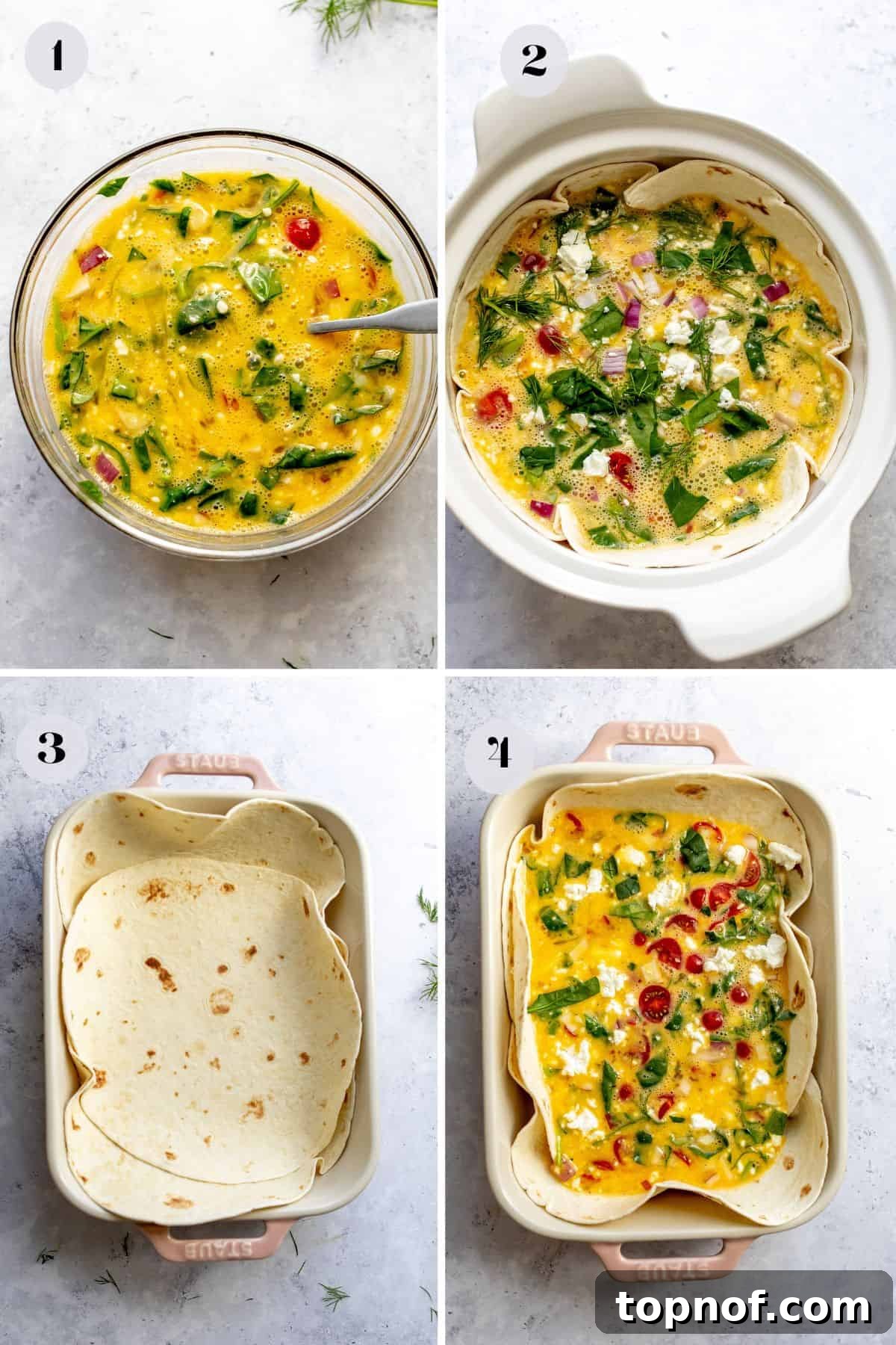 Savory Tortilla Quiche Casserole 4 An overhead image showing the preparation of the quiche recipe, with the egg and vegetable mixture being poured into a tortilla-lined baking dish.