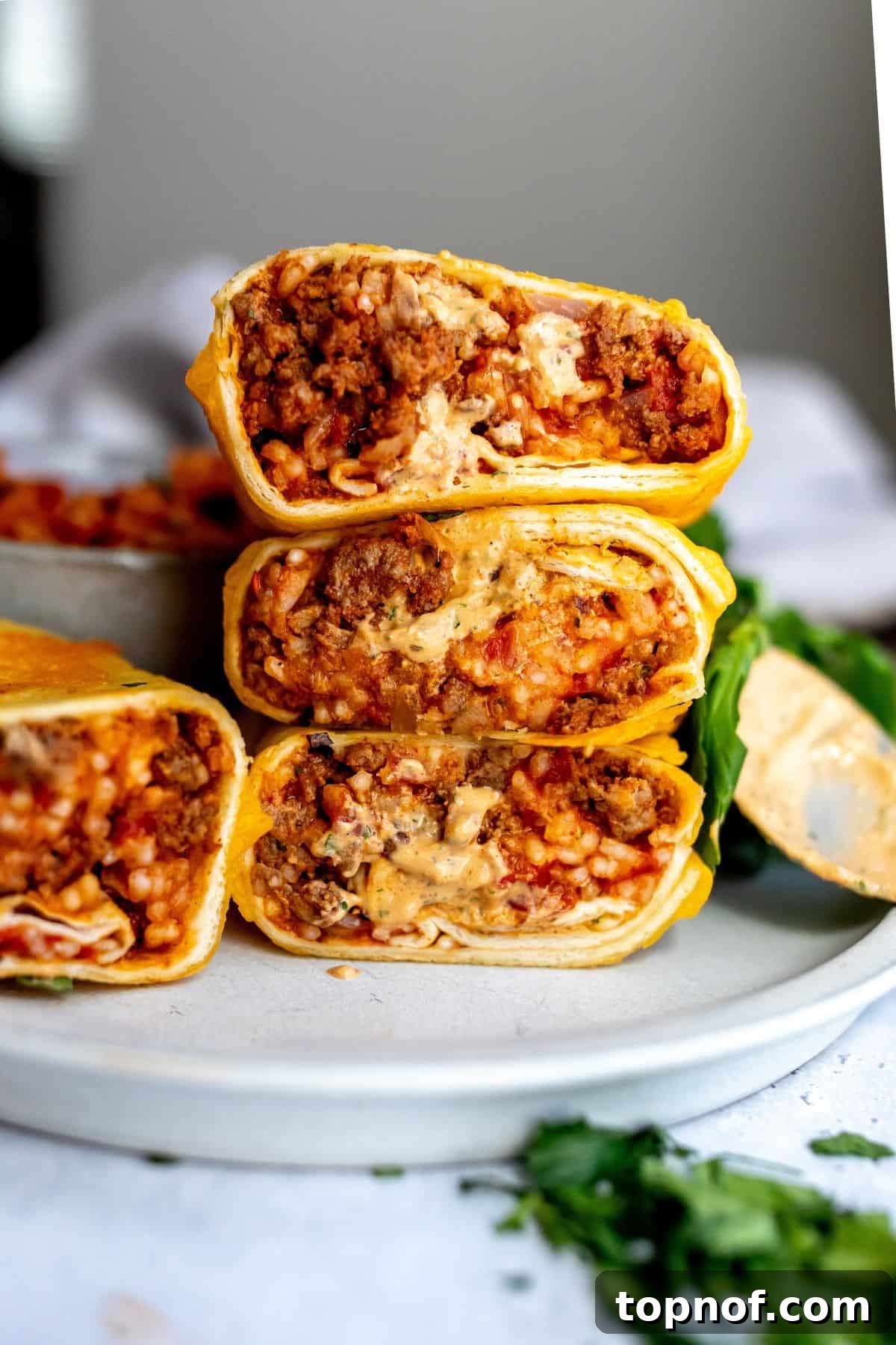 The Iconic Grilled Cheese Burrito Reimagined 2 A stack of golden-brown grilled cheese burritos on a plate, showcasing their crispy, cheesy exterior and inviting appearance.