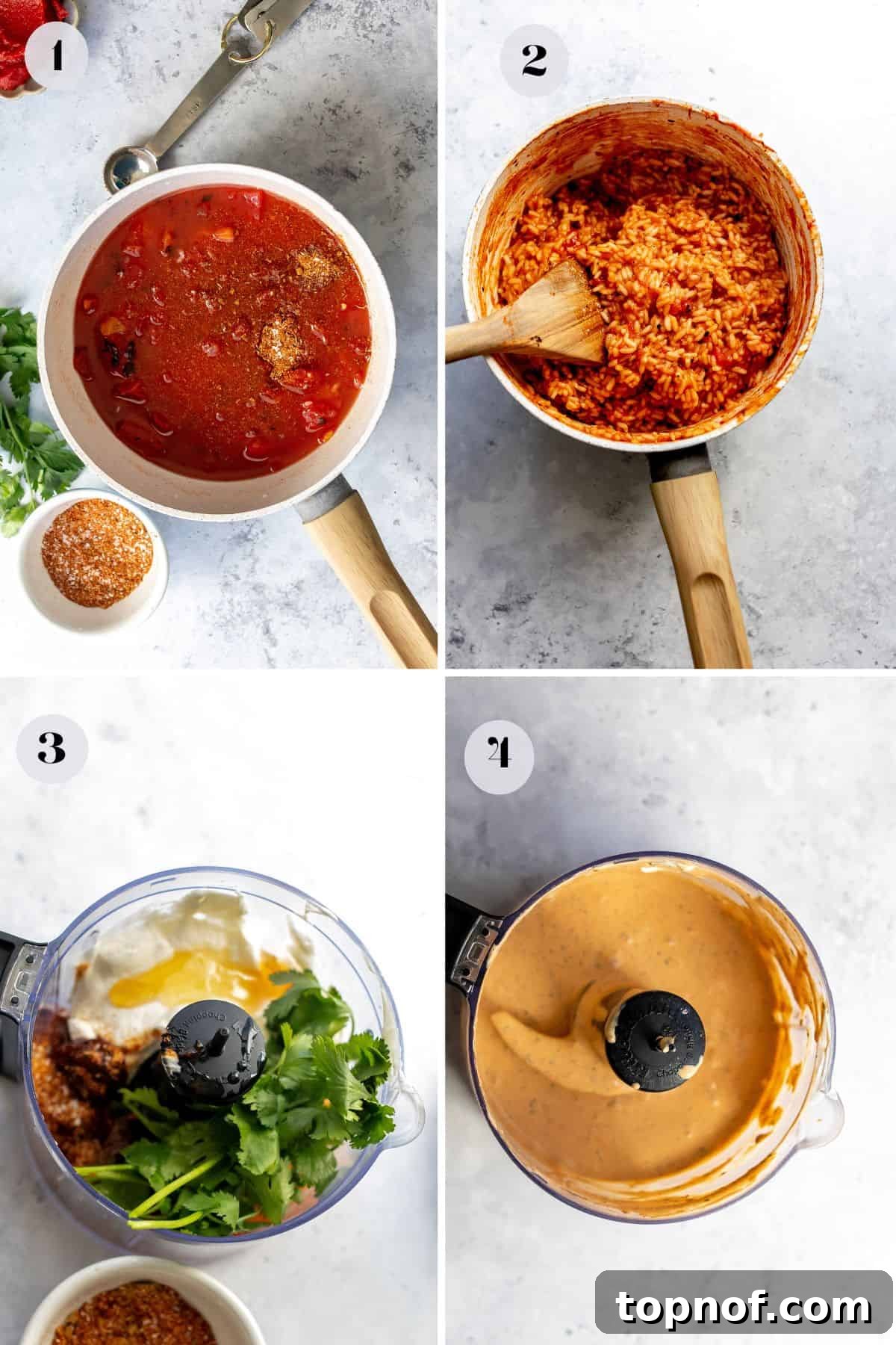The Iconic Grilled Cheese Burrito Reimagined 4 An overhead image showing the process of cooking the seasoned rice with fire-roasted tomatoes and preparing the creamy chipotle sauce in a food processor.