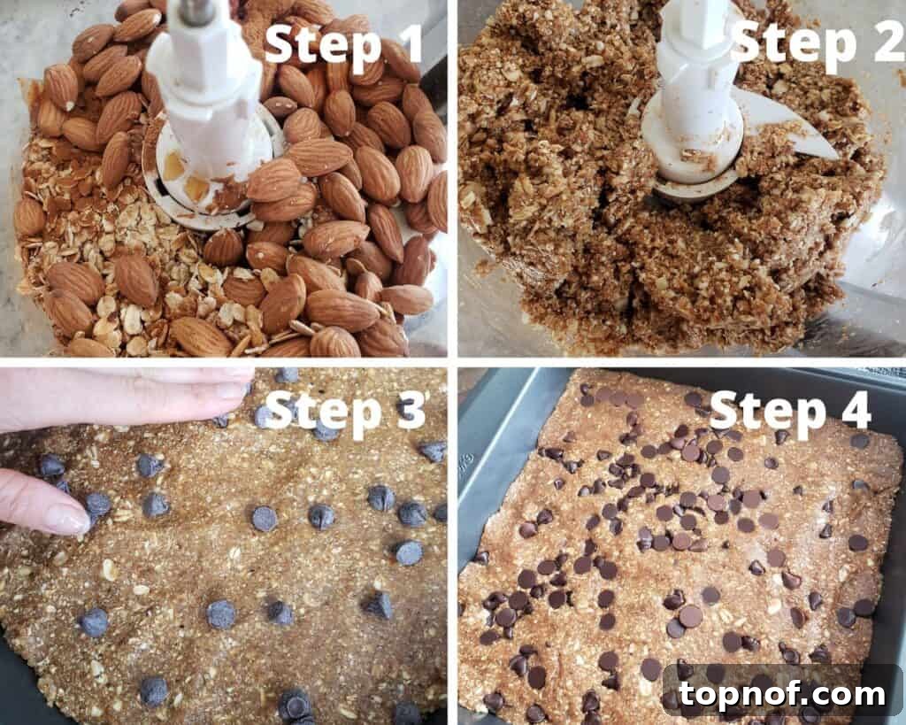 Plant-Powered Granola Bars 4 A visual guide showing steps 1-4 of making no-bake granola bars, illustrating the blending process and initial mixture.