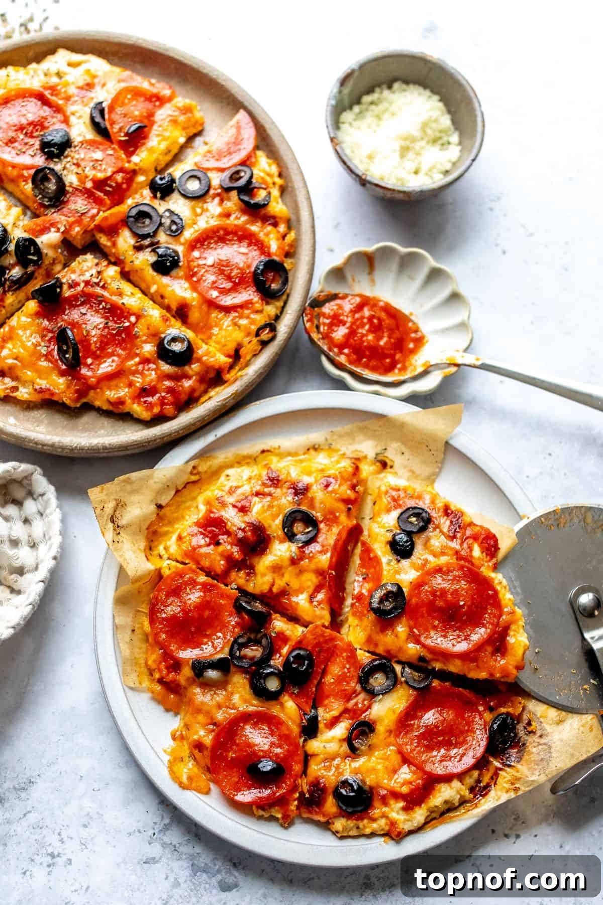 Keto Chicken Pizza 2 Chicken Pizza Crust on plates with a spoon to the side. Delicious and healthy low-carb pizza.