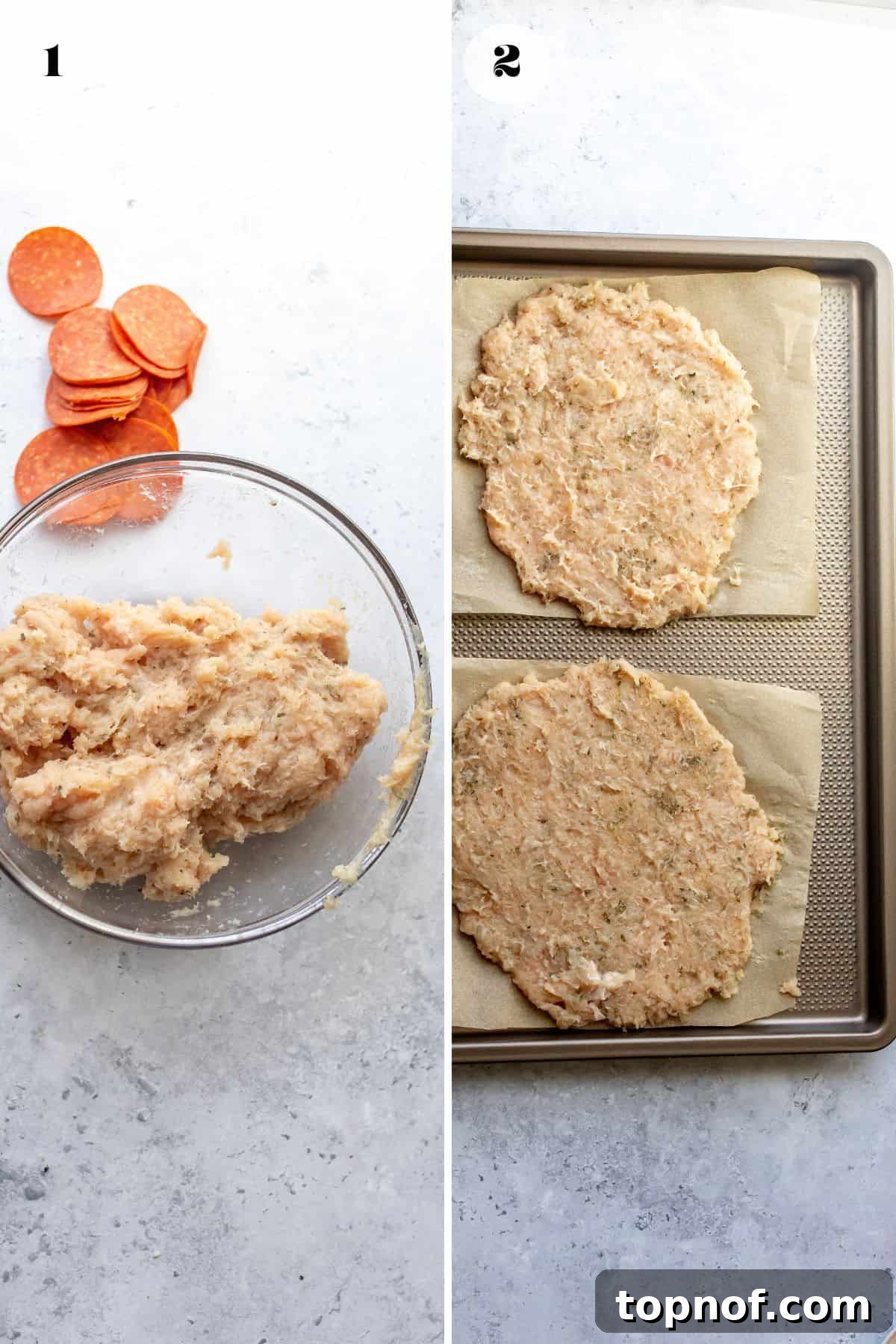 Keto Chicken Pizza 4 Steps to make the recipe in glass bowls and on baking pans. Mixing ingredients, shaping crusts, and adding toppings.