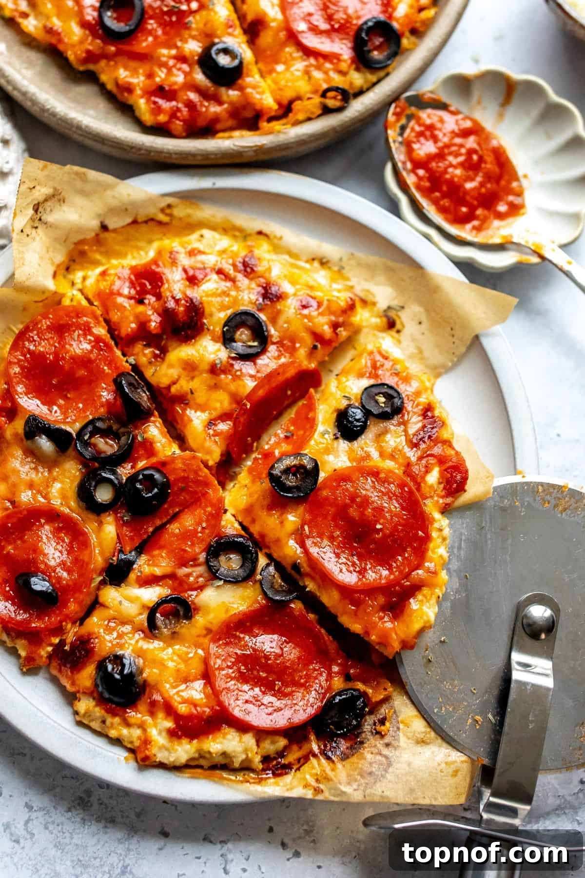 Keto Chicken Pizza 6 Up close photo of chicken crust pizza with pepperonis on it and a pizza cutter. Hot, fresh, and ready to eat.