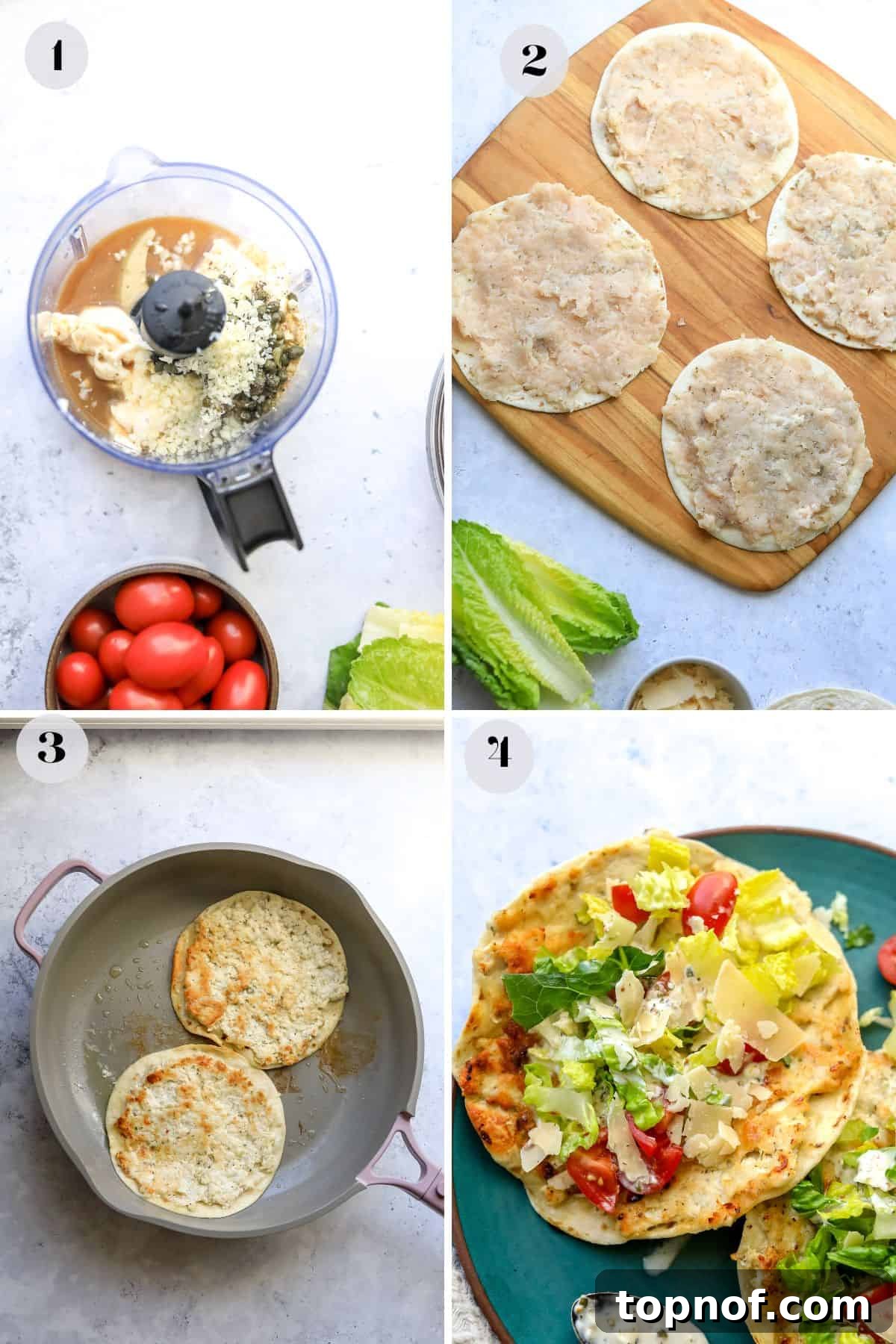 Caesar Chicken Smash Tacos 4 Sequential steps for preparing Chicken Caesar Smashed Tacos, illustrating ingredients being prepared in a food processor and seasoned chicken on a cutting board.