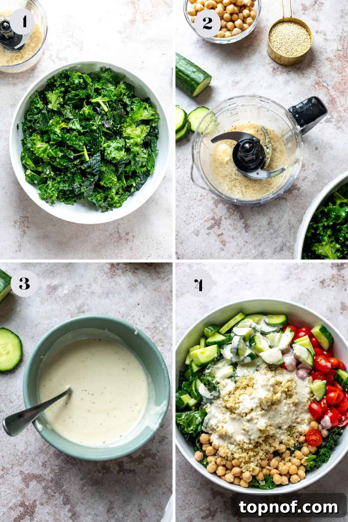 Vibrant Kale and Chickpea Salad 4 Two sequential images showing the preparation steps: one displays a large white bowl with massaged kale and quinoa, ready for additional ingredients. The second image features a small food processor actively blending the creamy Lemon Honey Dressing, highlighting the making of the vibrant sauce.