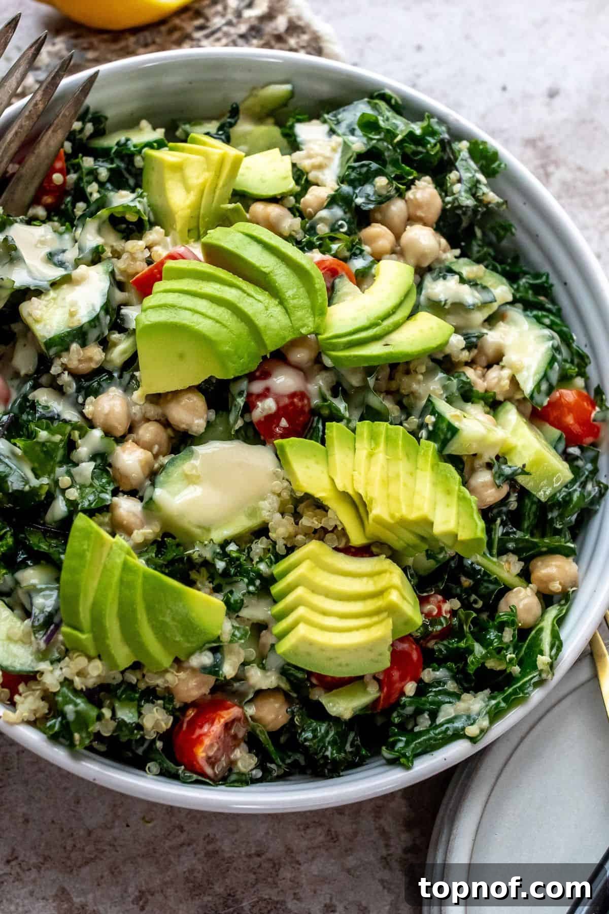 Vibrant Kale and Chickpea Salad 5 A close-up shot of a white bowl overflowing with the finished chickpea kale salad, showcasing its vibrant array of colorful vegetables, fluffy quinoa, and tender chickpeas, all beautifully coated in the zesty Lemon Honey Dressing. Ready to be enjoyed.